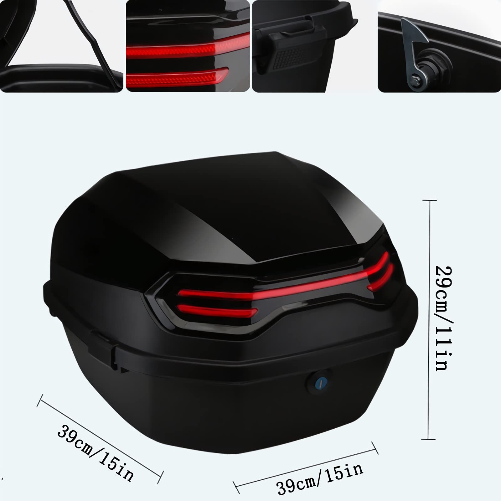 Universal Waterproof Motorcycle Trunk Top Box with LED Lights & Lock - 11x15x15 Inch Scooter Tail Storage Box for Moped, Backrest Support - Perfect for Commuting, Travel & Daily Storage