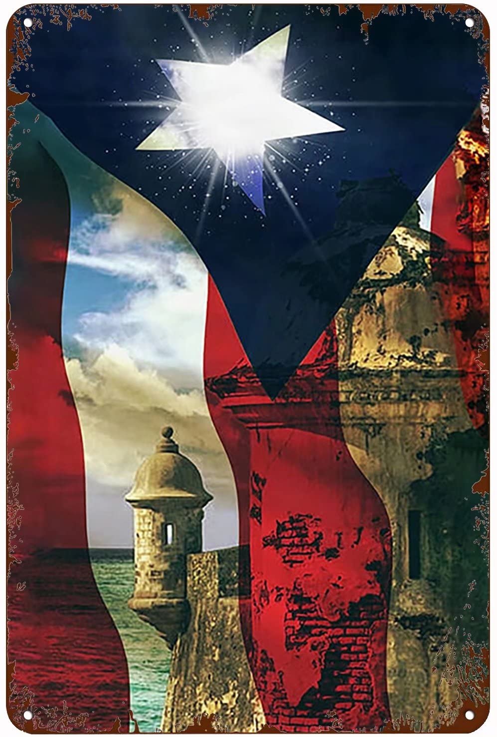 Vintage Puerto Rico Flag Metal Tin Sign - Retro Wall Art Poster Plaque for Bathroom, Living Room & Office Decor - 8x12 Inch Rustic Home Wall Decor - Perfect for Bars, Restaurants & Man Caves
