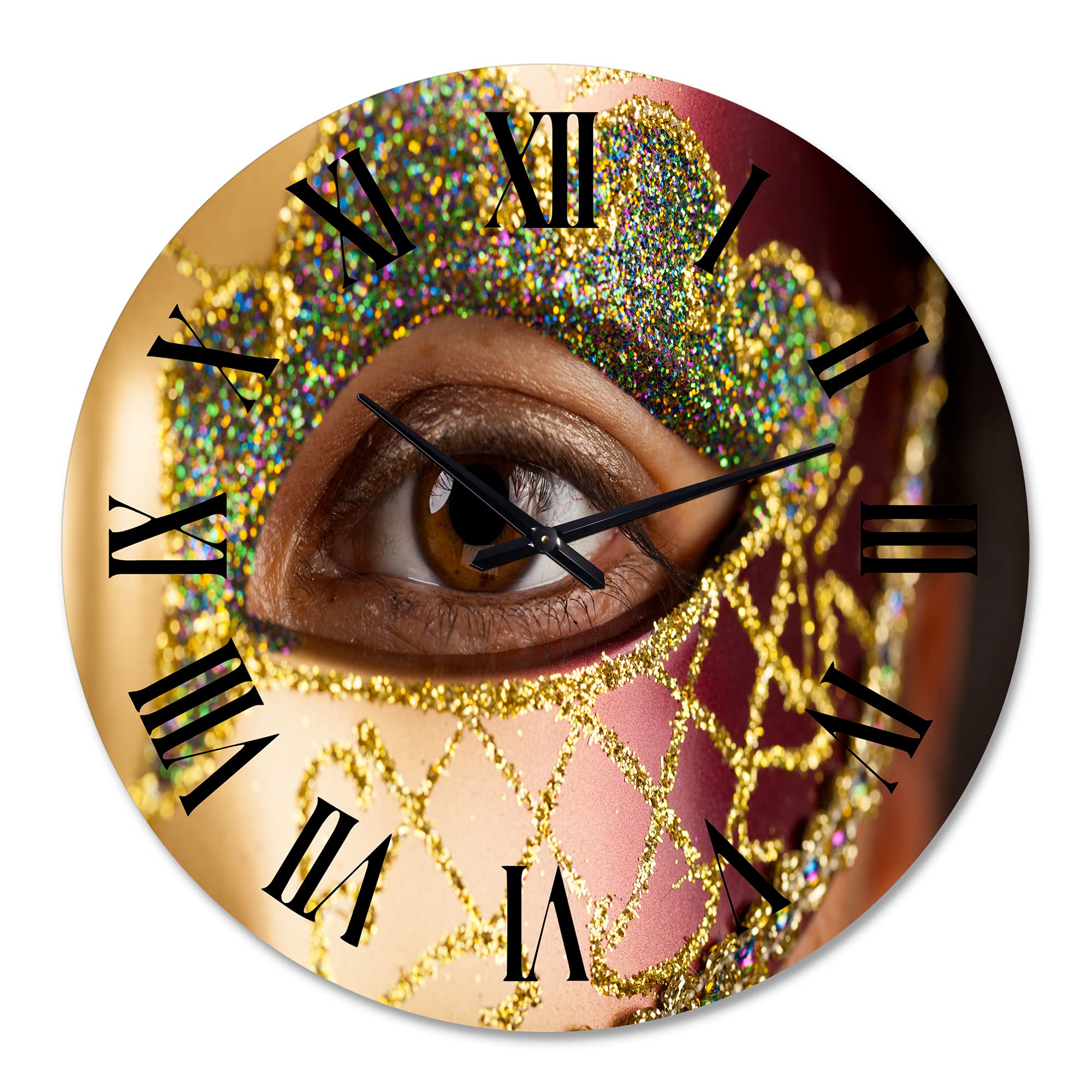 Large Modern Wall Clock 'Woman with Venetian Mask' - Elegant Kitchen Decor, Living Room & Office Wall Art - Silent Non-Ticking Battery Operated Clock for Home & Office