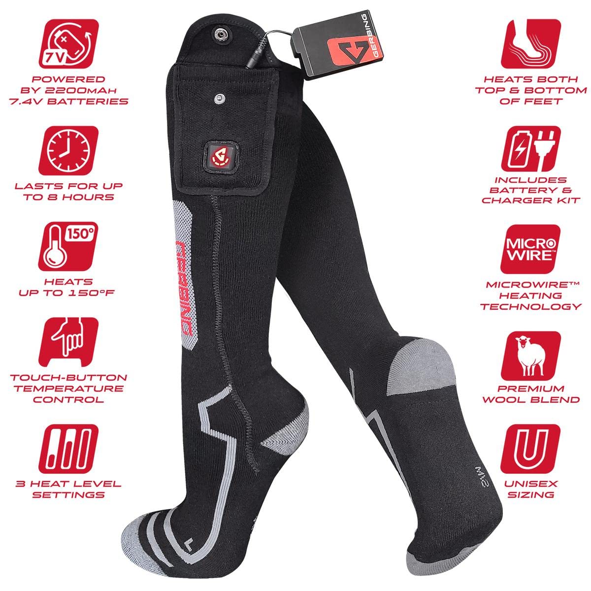 Gerbing 7V Ultimate Wool Heated Socks for Men & Women - Rechargeable Battery-Powered Winter Socks with Touch Control - Warm Thermal Socks for Skiing, Hiking, Hunting & Cold Weather Outdoor Activities