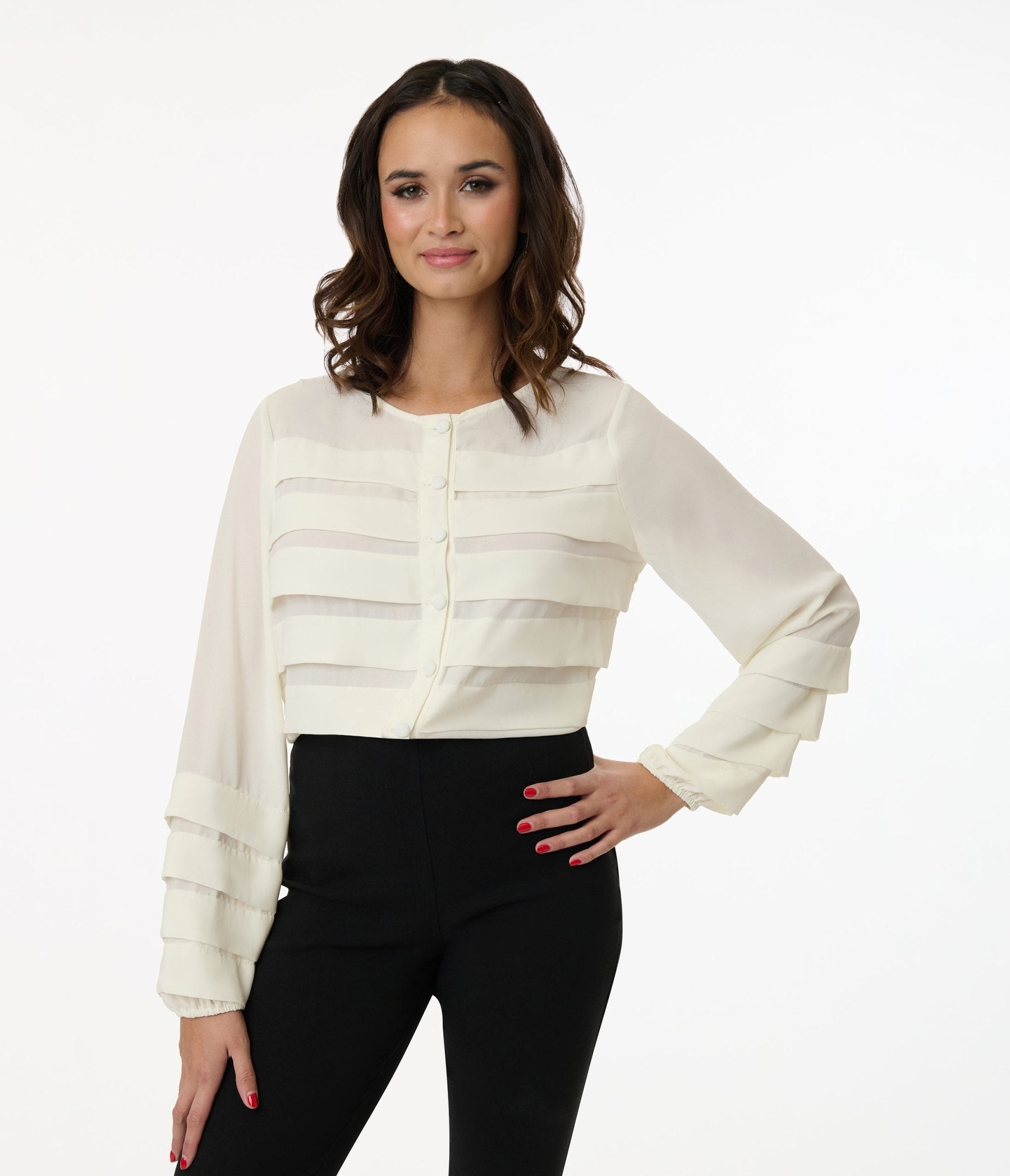 Vintage 1960s Cream Pleated Front Blouse by Smak Parlour - Retro Women's Fashion for Office, Party & Special Occasions