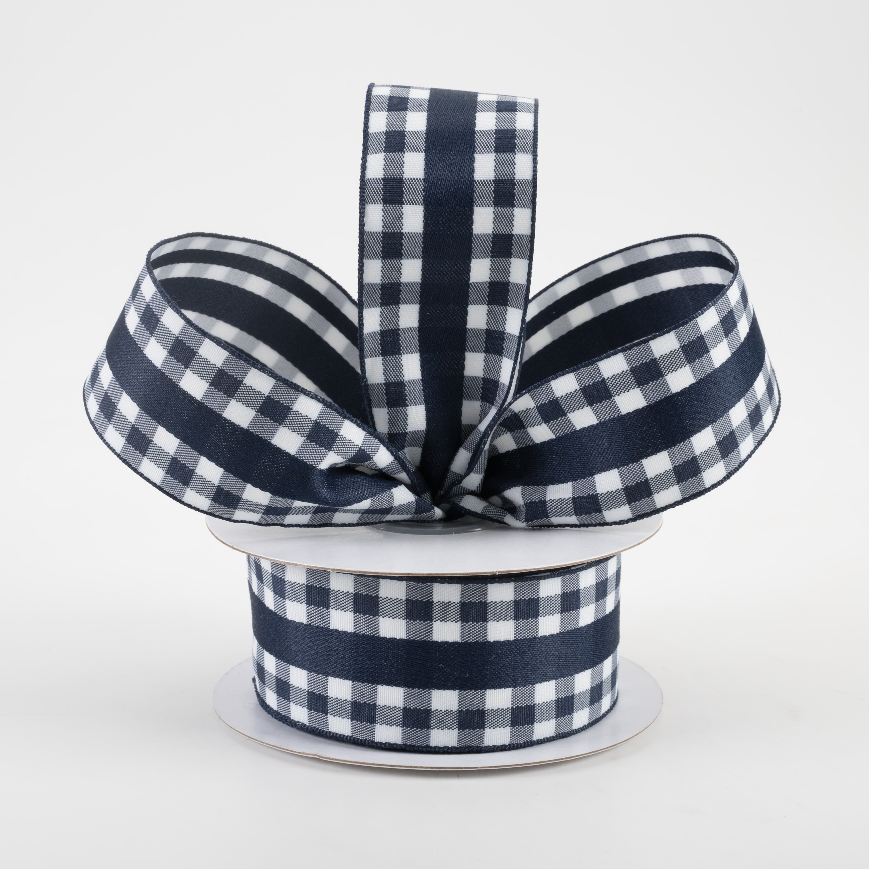 1.5 Inch Mini Gingham Checkered Ribbon with Navy & White Center Stripe - 10 Yards Bulk Roll for Gift Wrapping, DIY Crafts, Party Decorations and Scrapbooking