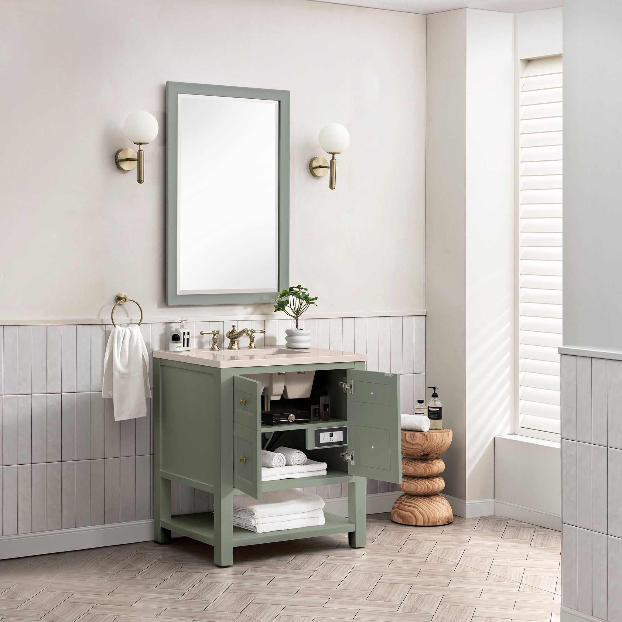 Breckenridge 30 Inch Single Bathroom Vanity with Smokey Celadon Finish & 3CM Eternal Marfil Stone Top - Perfect for Modern Master Bathrooms and Powder Rooms