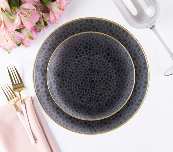 Transparent Black & Gold Plastic Party Bundle - Organic Hammered Disposable Tableware Set for Birthday, Wedding & Holiday Celebrations