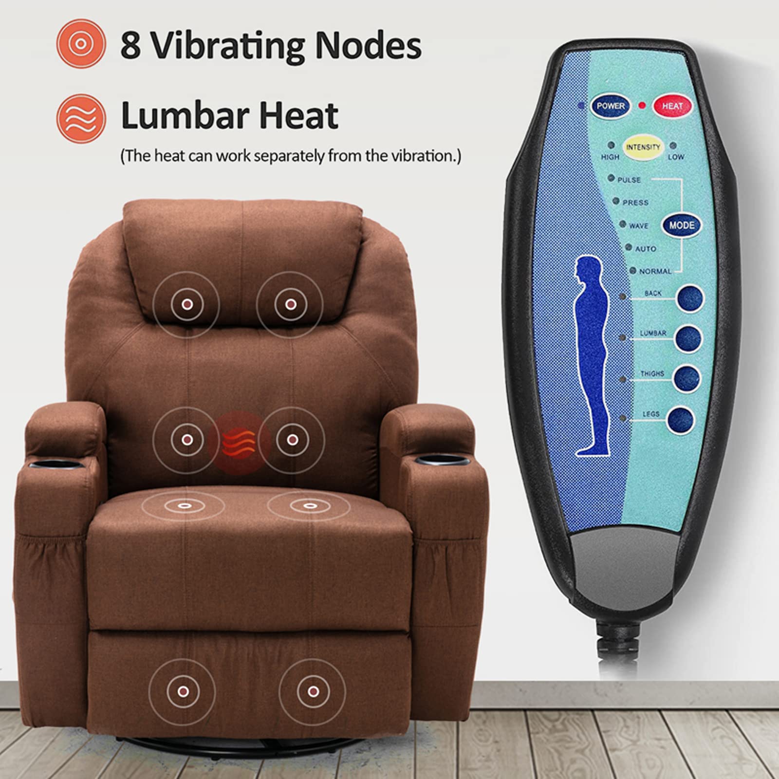 Yoglad Multi-Function Recliner Chair with Seat Heating & 8-Position Massage - Power Lift Recliner with Remote, Cup Holders, Rocking & Swivel Function - Comfortable Theater Recliner for Living Room, Home Theater, Reading Nook (Brown Textile Fabric, 36