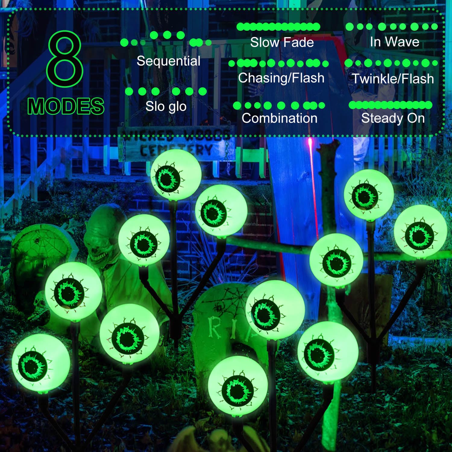 12 LED Solar Halloween Eyeball Lights - 4 Pack Big Green Outdoor Pathway Lights for Halloween Party, Yard, Tombstone Decorations | Spooky Atmosphere for Trick or Treat, Haunted House, and Halloween Night