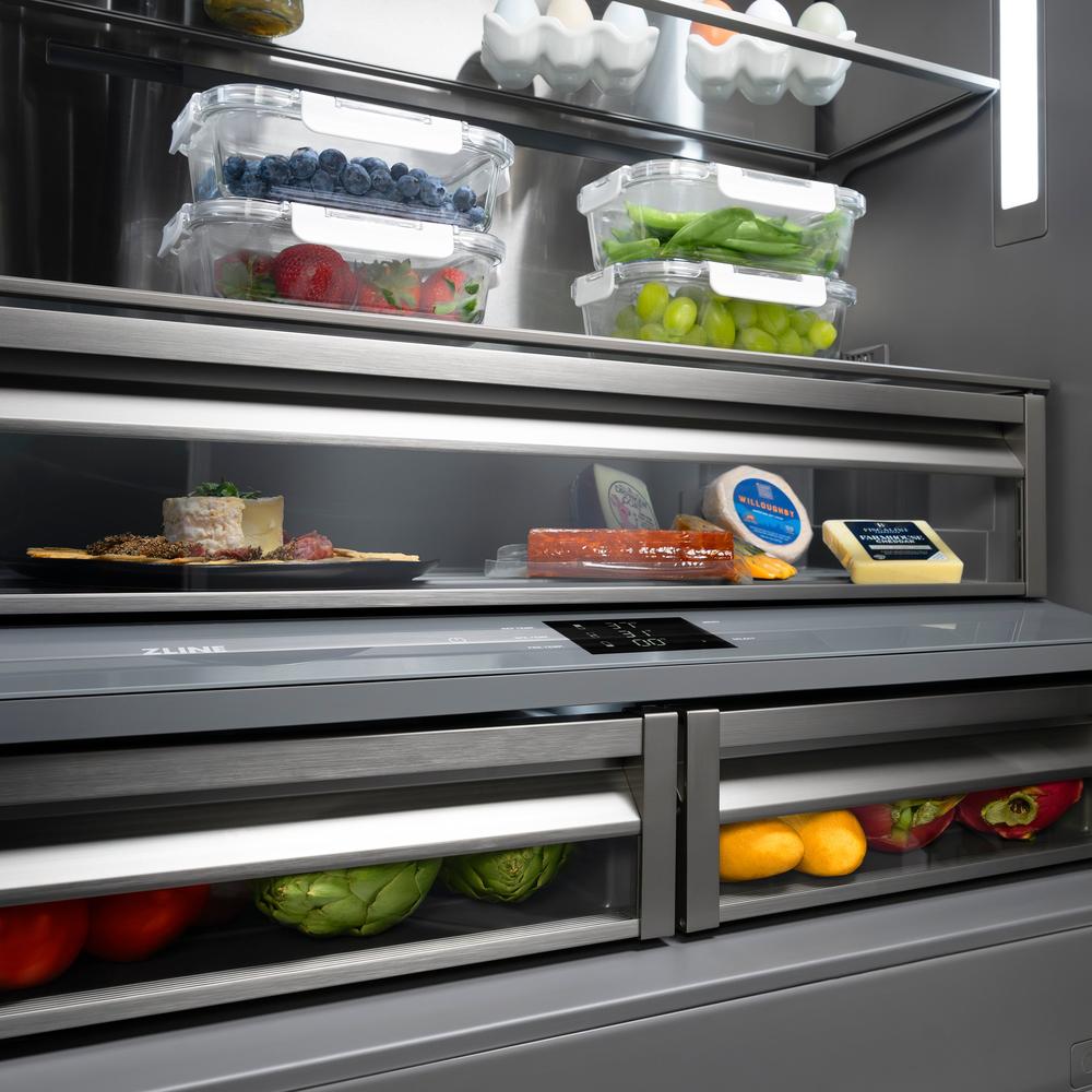 ZLINE Autograph Edition 36 Inch French Door Built-In Bottom Freezer Refrigerator - 19.6 cu.ft Capacity, Black Stainless Steel with Graphite Gray Interior & Champagne Bronze Accents - Water Dispenser & Ice Maker Included - Perfect for Modern Kitchens & Open-Concept Homes