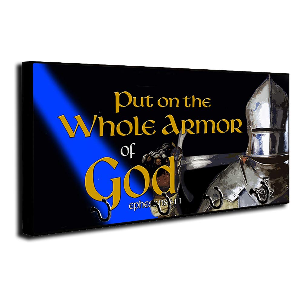 Brotherhood Thin Blue Line Key Holder Organizer - Ephesians 6:11 Wall Mount Rack for Home Keys, Rings & Decor | Perfect for Police Supporters, Christian Home Decor & Entryway Organization