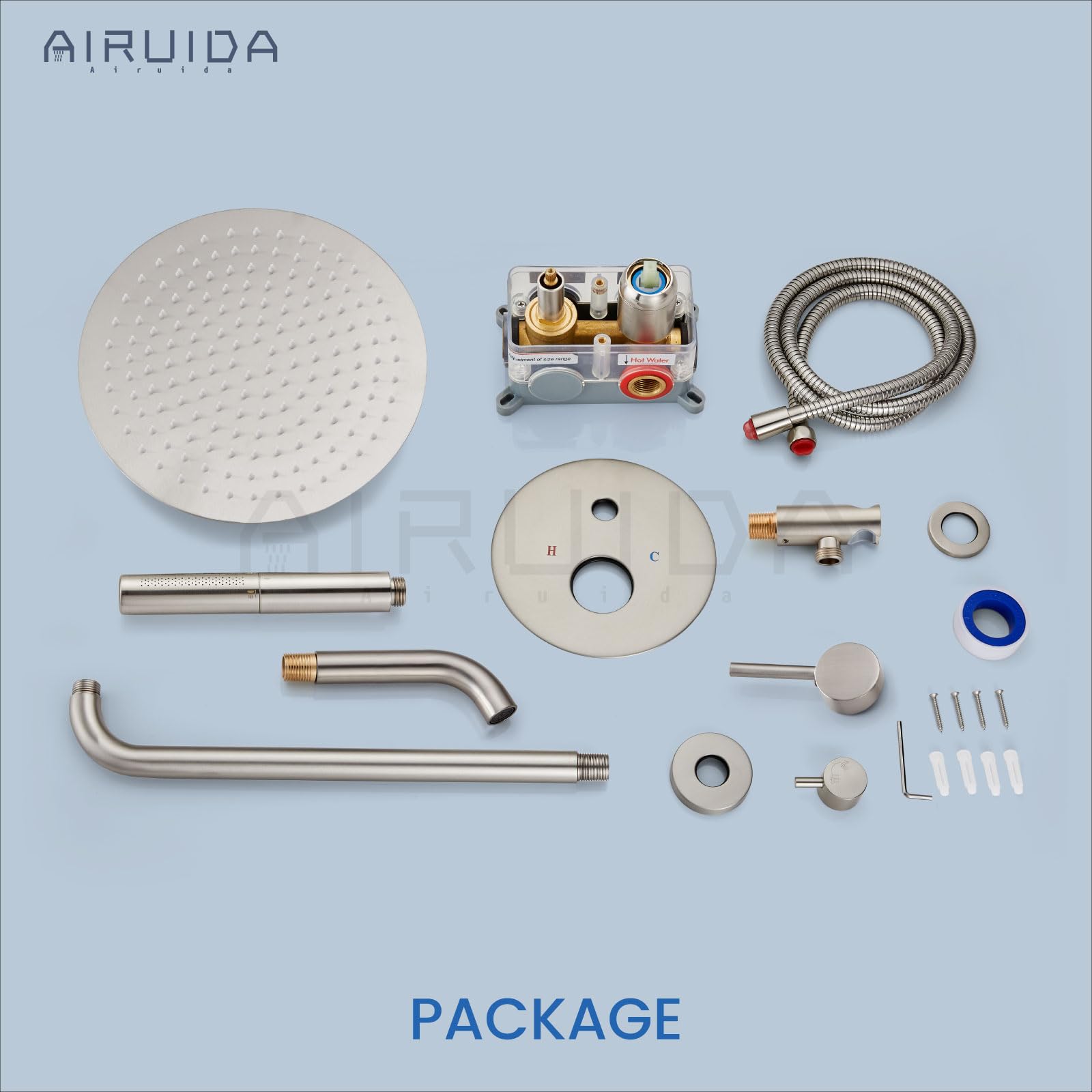 Airuida 12-Inch Round Shower System Set - Brushed Nickel Wall Mount 3-Function Rain Shower Faucet with Tub Spout & 2-Function Handheld Shower - Perfect for Bathroom Renovation and Modern Home Spa Experience