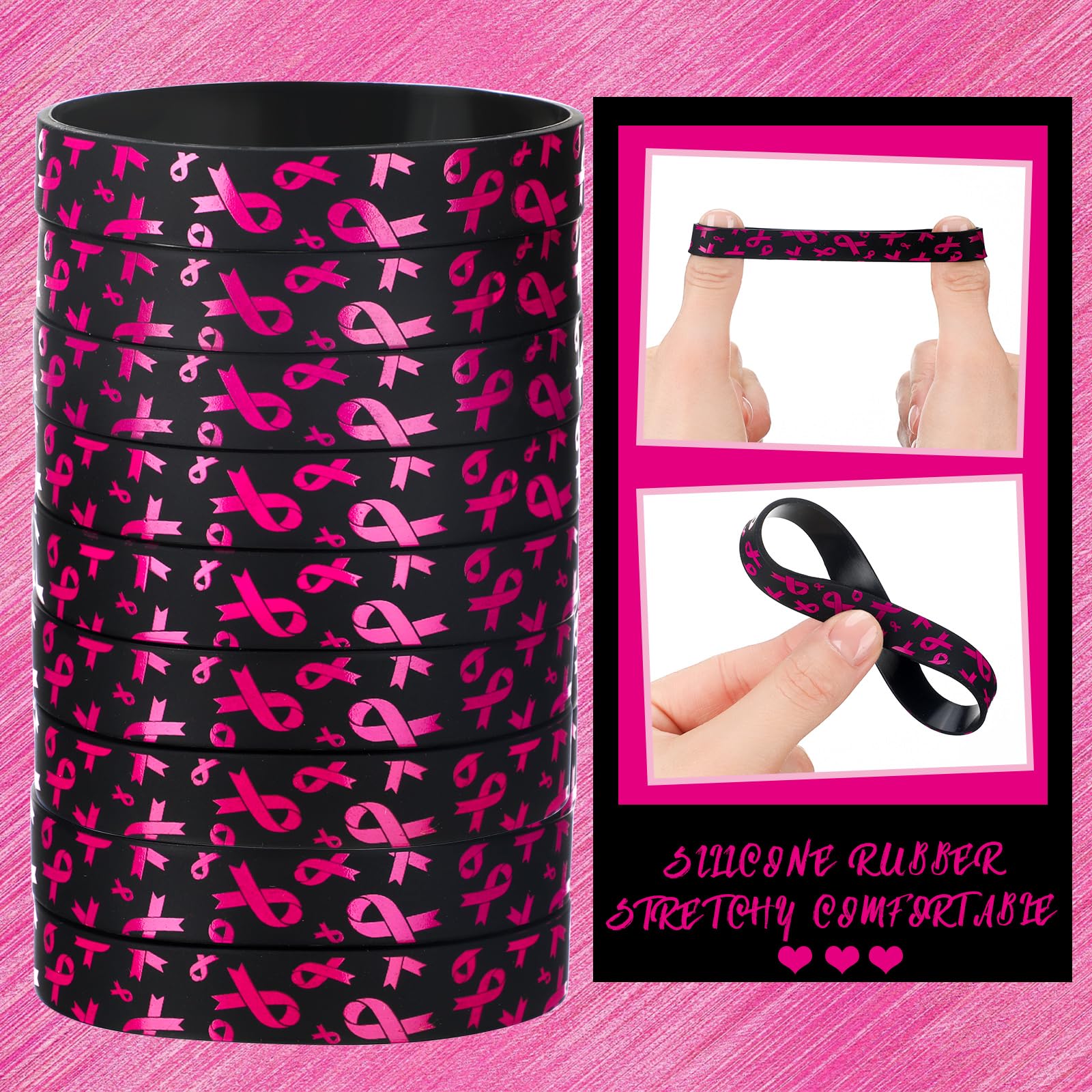 48 Pack Pink Ribbon Breast Cancer Awareness Silicone Wristbands - Inspirational Black & Pink Bracelets for Women, Fundraising Events, Survivor Gifts & Charity Support Accessories