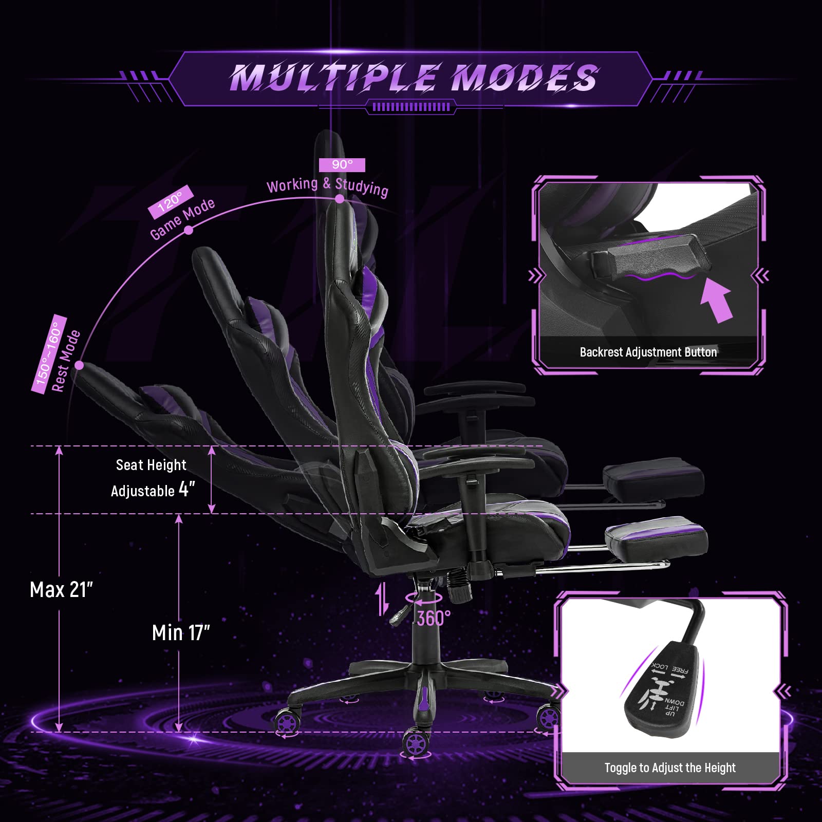 AA Products Ergonomic Gaming Chair - High Back Racing Style Computer Chair with Adjustable Lumbar Support, Footrest & 360° Swivel (Black-Purple) - Perfect for Esports, Streaming & Home Office Workstations