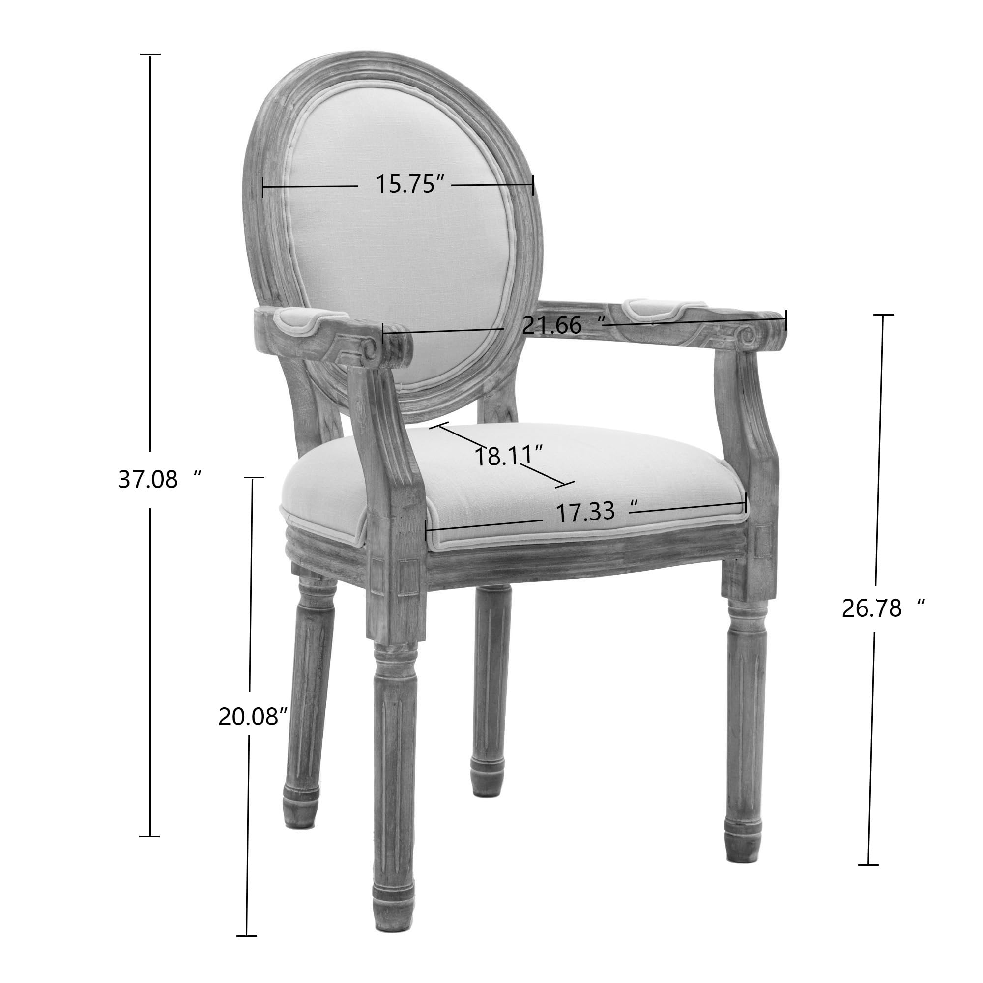 SSLine Set of 2 French Dining Chairs with Armrests - Solid Wood Farmhouse Kitchen Chairs, Retro Round Back Upholstered in Linen - Perfect for Dining Room, Living Room & Bedroom Decor