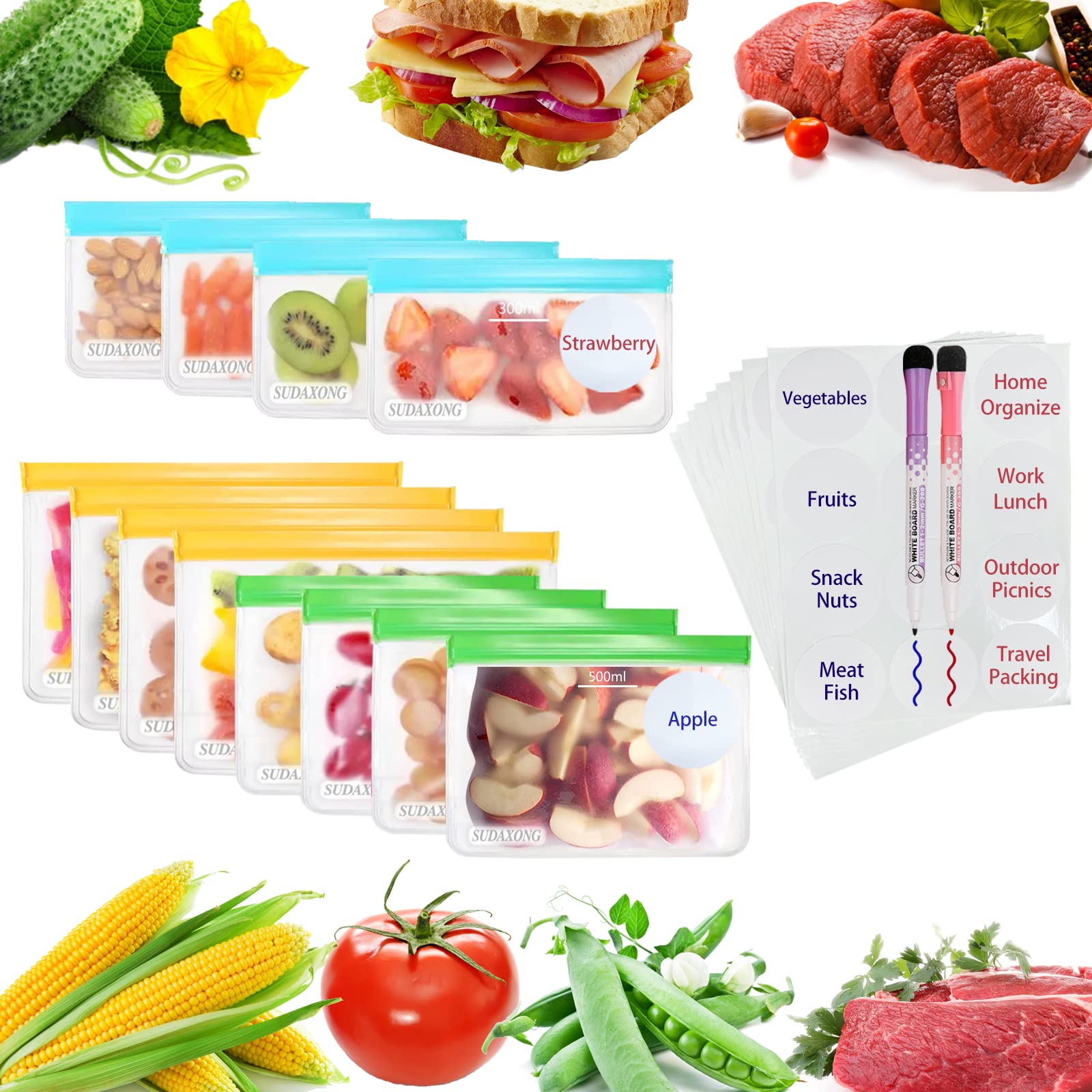 Reusable Food Storage Bags with Measurement Lines - 4 Gallon, 4 Sandwich & 4 Snack Bags (12 Pack) - Leakproof Freezer Bags with Airtight Zipper for Meal Prep, Picnic, Travel & Home Organization