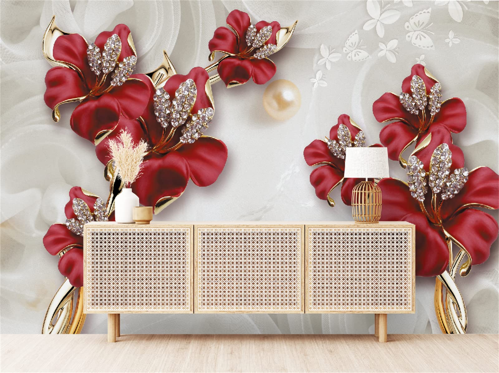FLFK 3D Flower Jewelry Peel and Stick Wallpaper - Self-Adhesive Wall Mural for Living Room, Bedroom Decor - 141.7x98.4 Inches - Perfect for Home Renovation, Accent Walls & DIY Interior Design Projects