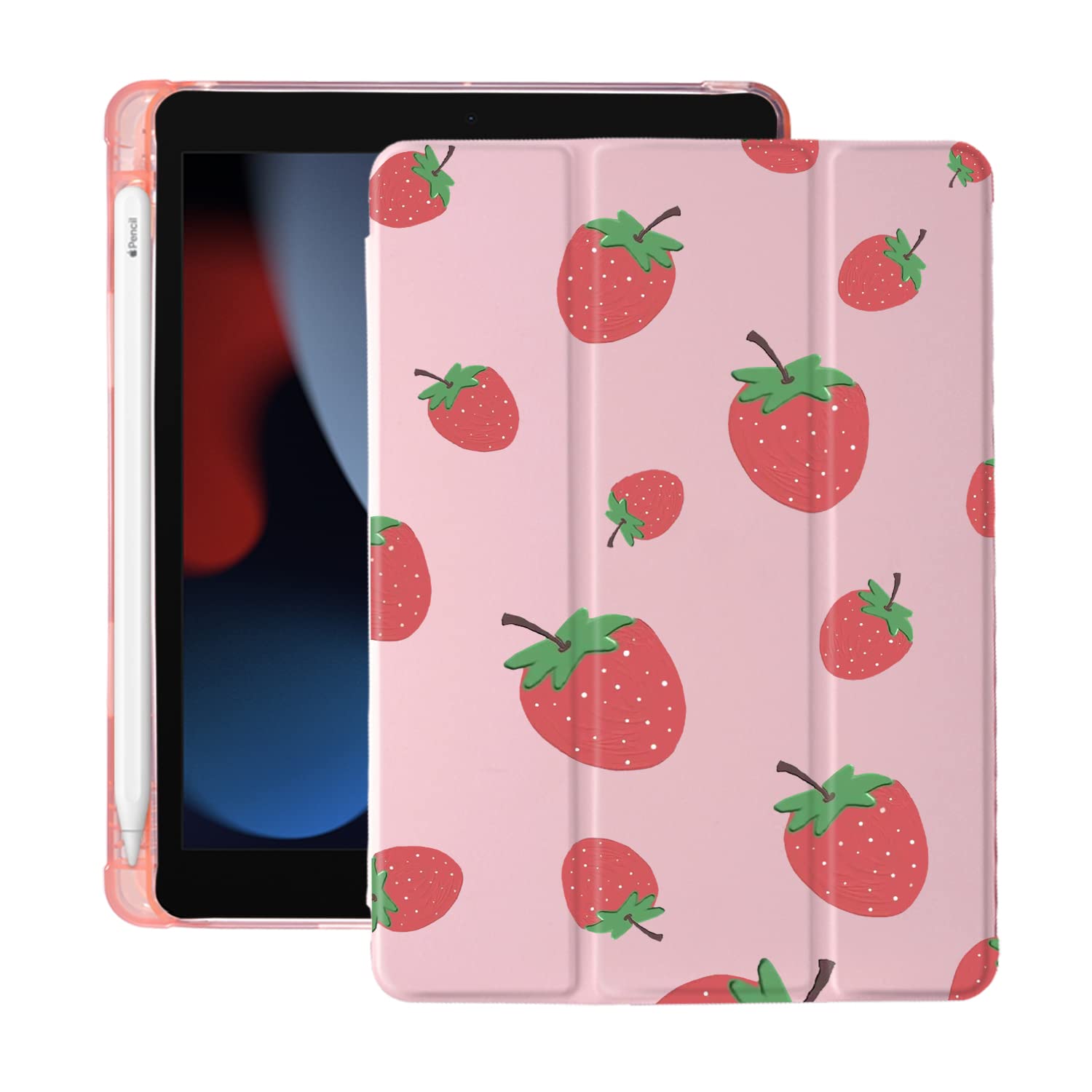 Strawberry Pattern iPad Air 3 Case with Pencil Holder - Pink Leather Soft TPU Back Cover for iPad Pro 10.5 Inch 2017 | Auto Sleep/Wake Function | Perfect for School, Work & Travel Protection