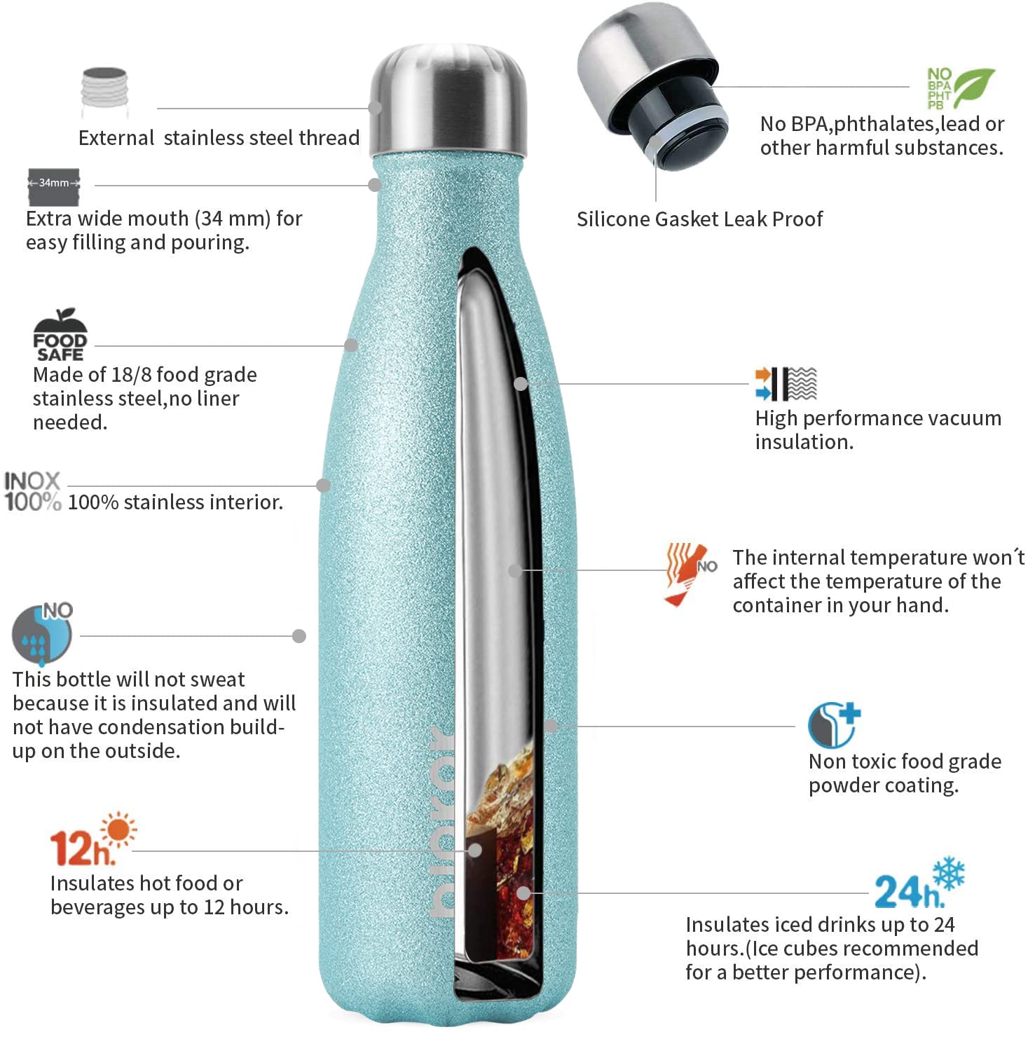 BJPKPK 17oz Insulated Stainless Steel Water Bottle - Keeps Drinks Cold for 24 Hours & Hot for 12 Hours, BPA Free, Glitter Ice Blue - Perfect for Gym, Hiking, Work & Outdoor Activities