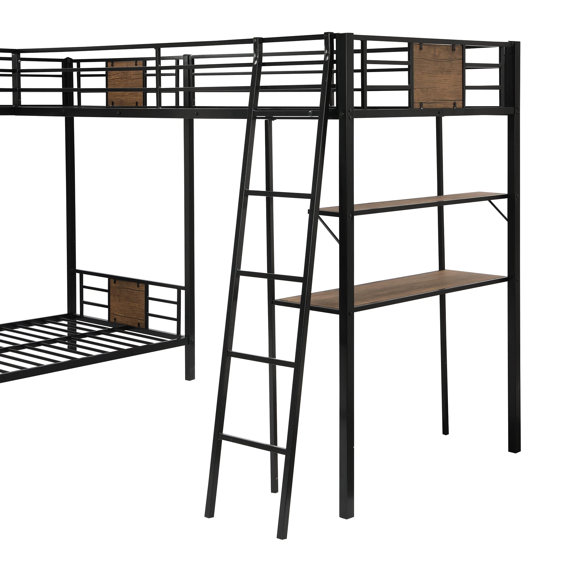 Harper & Bright Designs Metal Triple Bunk Bed with Desk - L-Shaped Twin Bunk Bed & High Loft Bed with Storage Shelves | Space-Saving 3-in-1 Bunk Bed for Kids & Teens (Boys & Girls) in Brown | Perfect for Small Bedrooms, Shared Kids Rooms & Vacation Homes