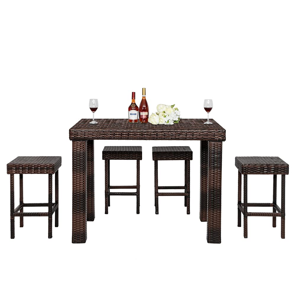Henf 5-Piece Rattan Dining Set - Outdoor Wicker Bar Table with 4 Stools for Patio, Backyard, Porch, Garden & Poolside | Weather-Resistant Furniture for Outdoor Entertaining, BBQ Parties & Relaxing
