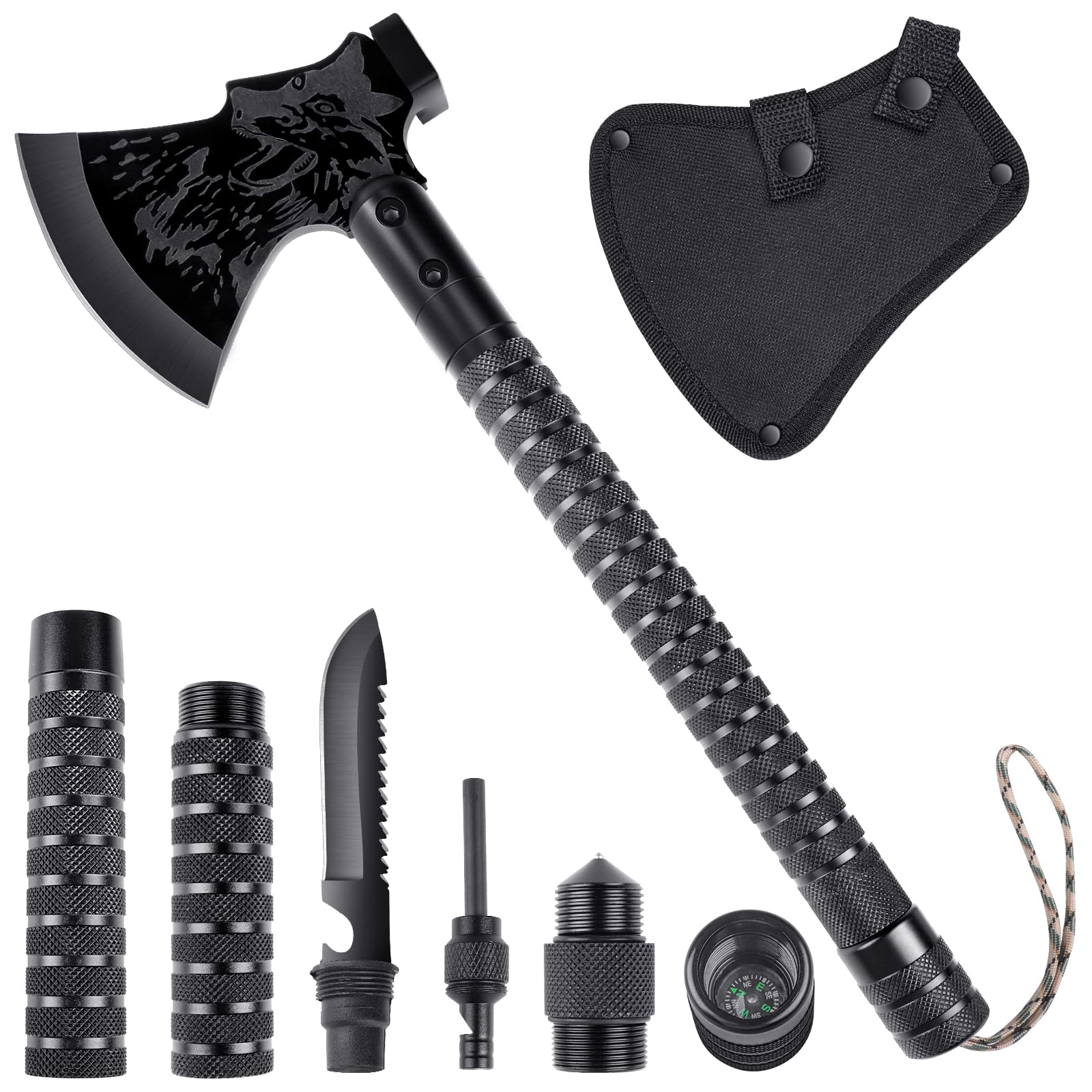 10-in-1 Survival Axe Multi-Tool with Knife & Compass - Premium Camping Hatchet for Wood Splitting, Outdoor Adventures, Hunting & Gardening - Includes Gift Box (Black) - Perfect for Emergency Kits, Bushcraft & Wilderness Survival