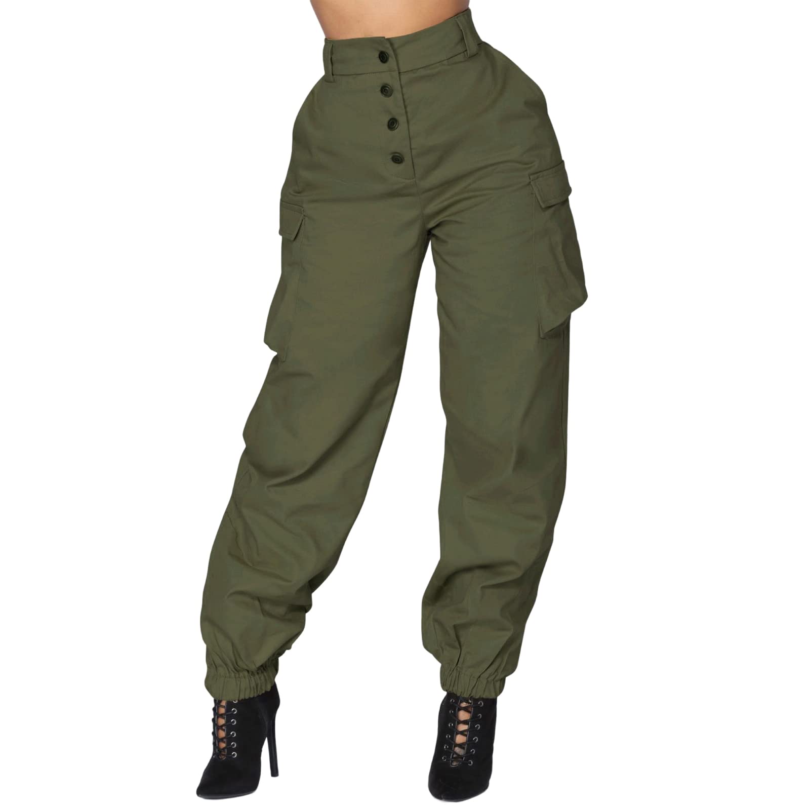 Women's High Waist Elastic Cargo Jogger Pants - Loose Fit Casual Sweatpants with Pockets | Comfortable & Stylish for Workout, Running, Yoga, Travel & Everyday Wear
