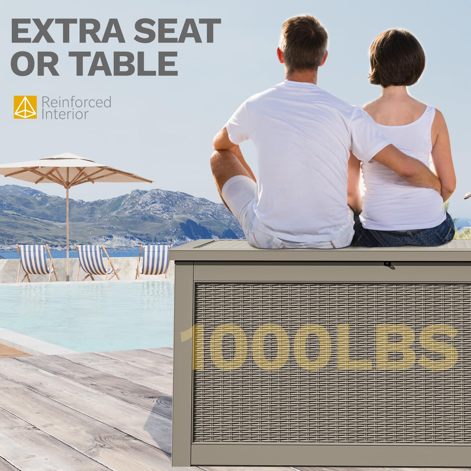 DWVO 260 Gallon Resin Outdoor Storage Box - XXL Waterproof Deck Box with 1000 lbs Capacity, Lockable Lid, Doubles as Patio Table or Seating (Brown) - Perfect for Backyard, Garden, Poolside & Deck Storage Organization