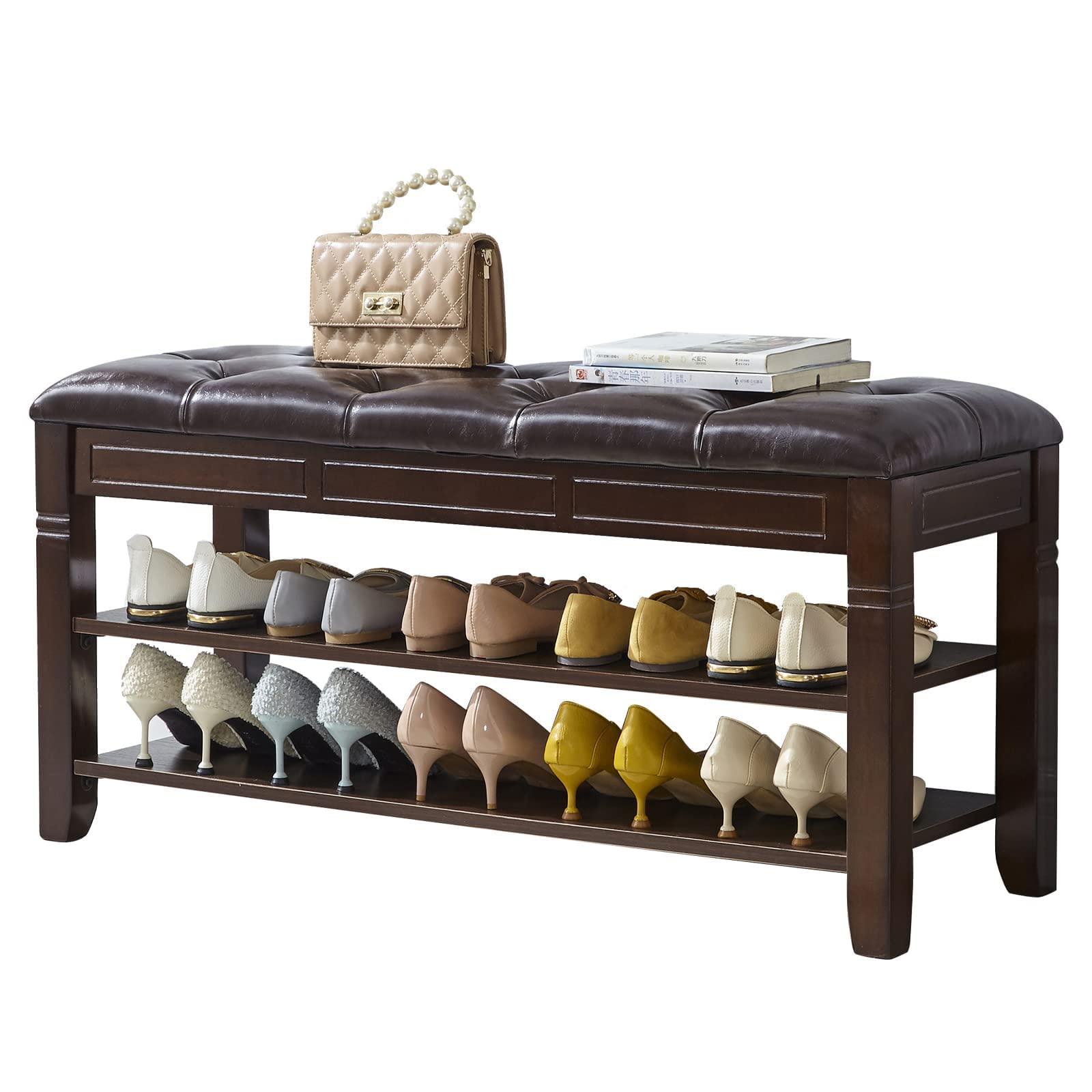 LEILISI 2-Tier Wooden Shoe Bench with Storage & Lift Top Cushion - 39.4