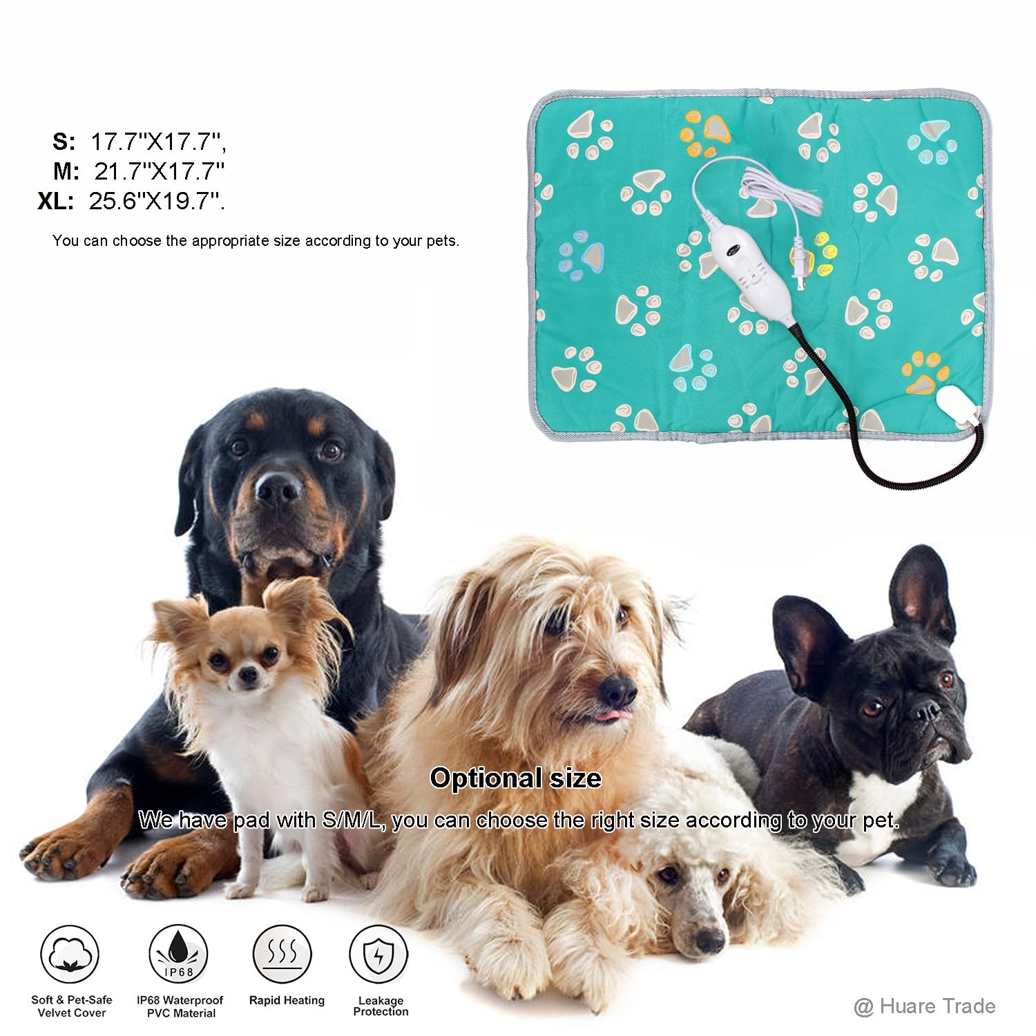 Waterproof Adjustable Temperature Pet Heating Pad - 21.7''x17.7'' Green Heated Dog Bed & Cat Mat with Chew-Resistant Cord | Indoor Winter Warmth for Arthritic Pets & Outdoor Kennel Comfort