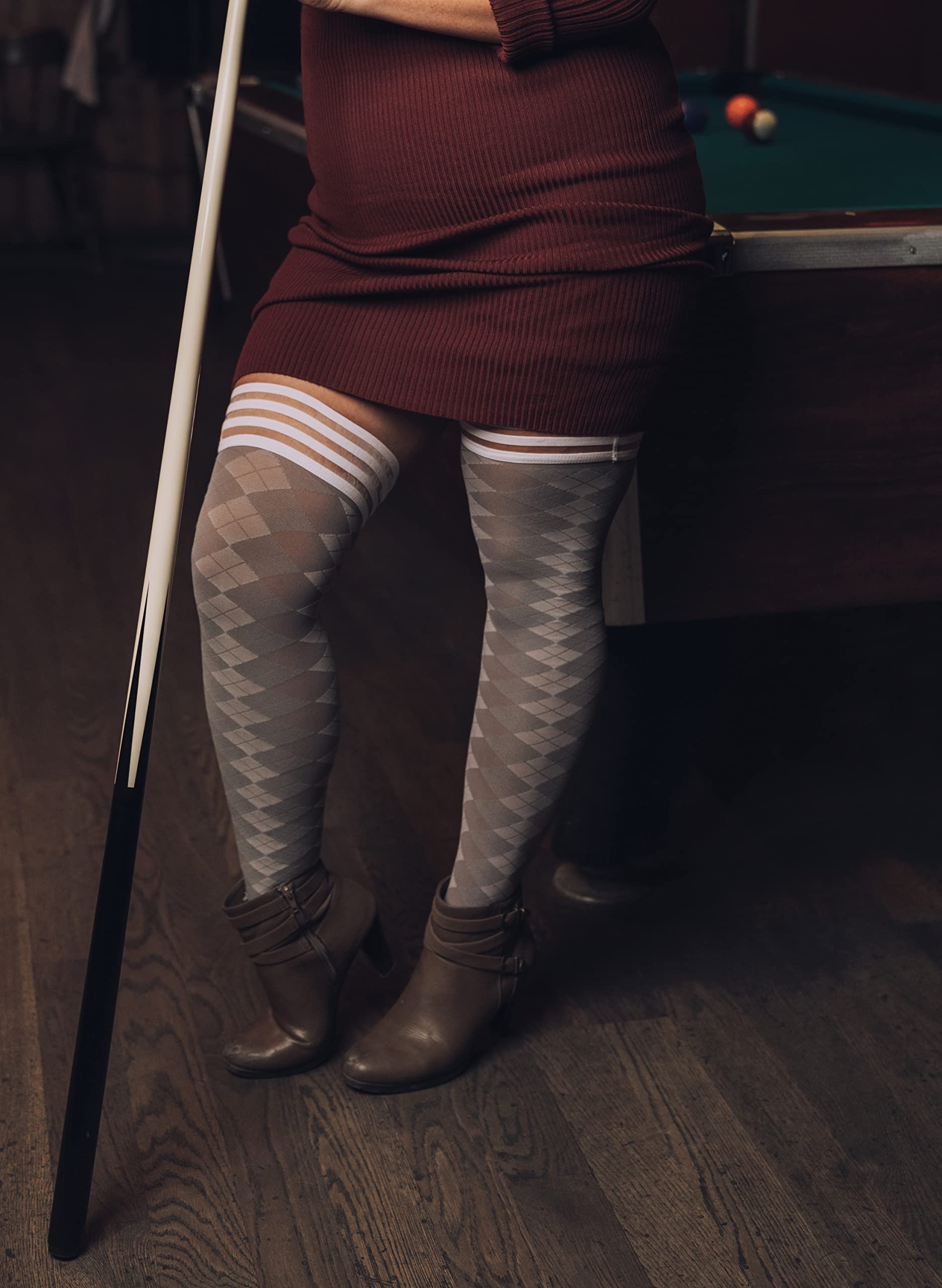 Kix'ies Thigh High Stockings for Women - No Slip Grip Stay Up Thigh Bands | Sexy Lingerie & Hosiery in Grey Argyle (1346C) | Perfect for Office Wear, Date Night & Special Occasions