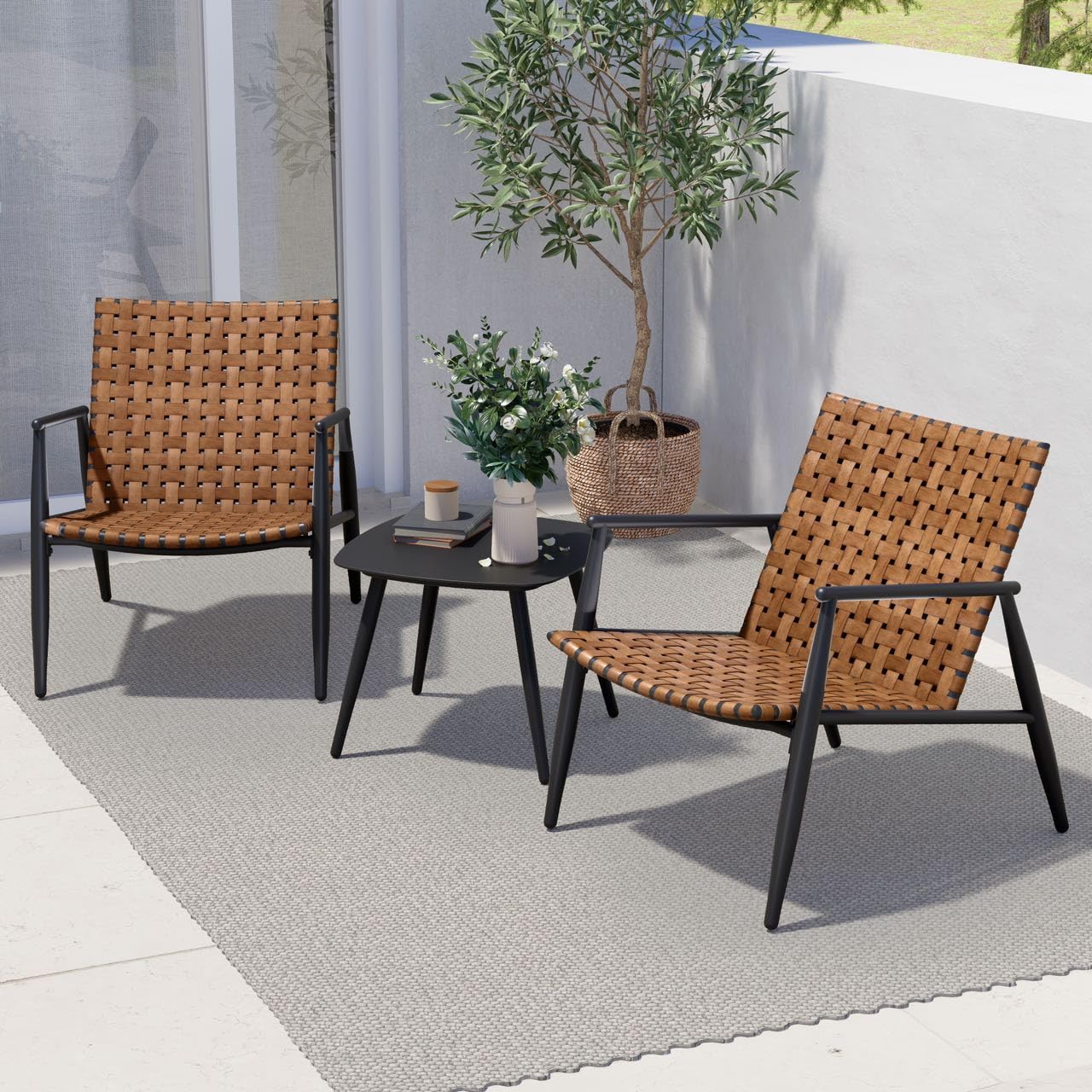 3-Piece Outdoor Bistro Set - Brown Leather-Look Wicker Chairs with Powder-Coated Aluminum Frame & Side Table - Patio, Garden, Backyard, Balcony Furniture for Relaxing & Entertaining