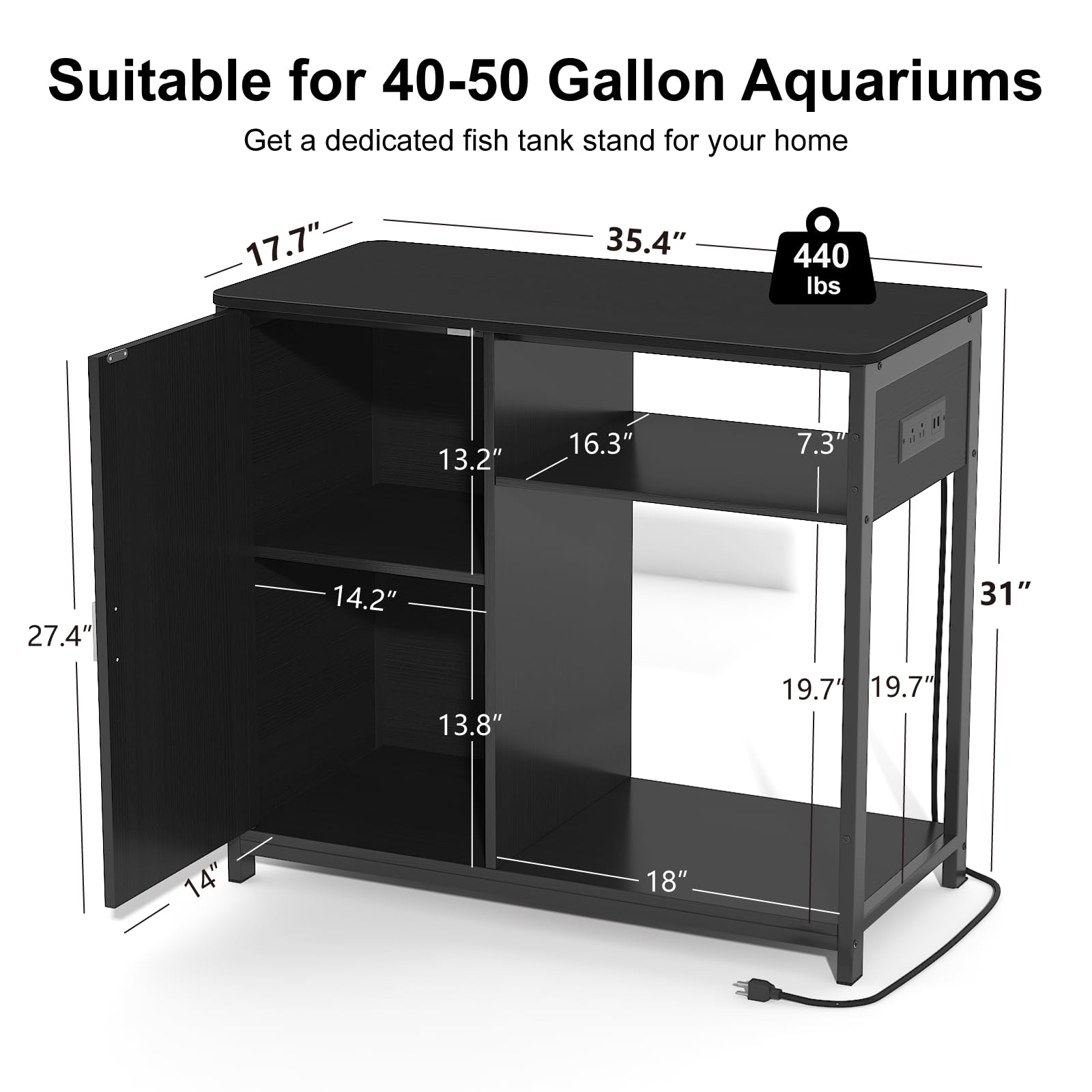 40-50 Gallon Aquarium Stand with Power Outlets & Wooden Storage Cabinet - Heavy Duty Metal Fish Tank Stand for Turtle Tanks, Reptile Terrariums - 440LBS Capacity - Perfect for Home, Office & Pet Store Displays