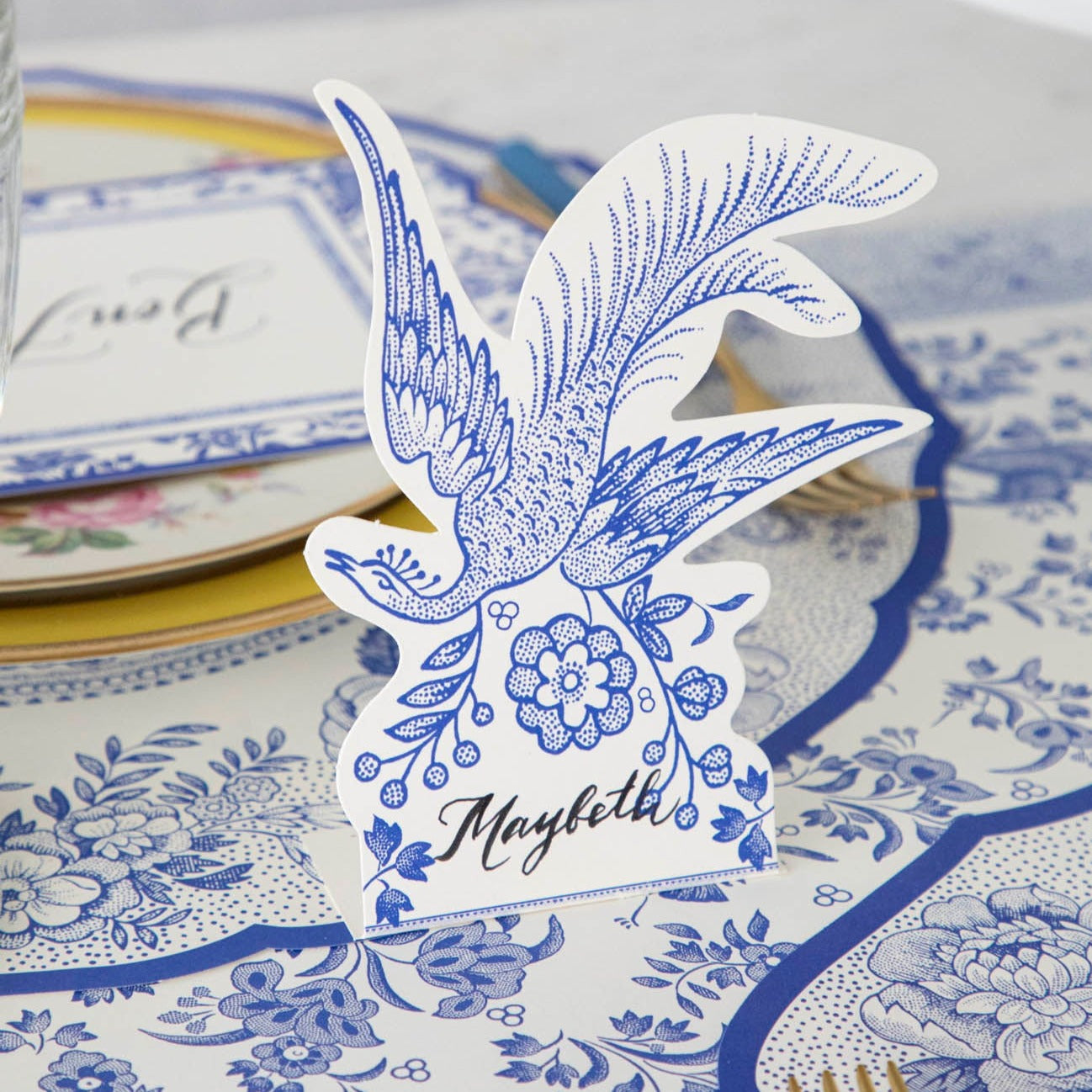 Blue Asiatic Pheasants Place Cards - Elegant Wedding Table Name Cards for Bridal Shower, Dinner Party & Special Events