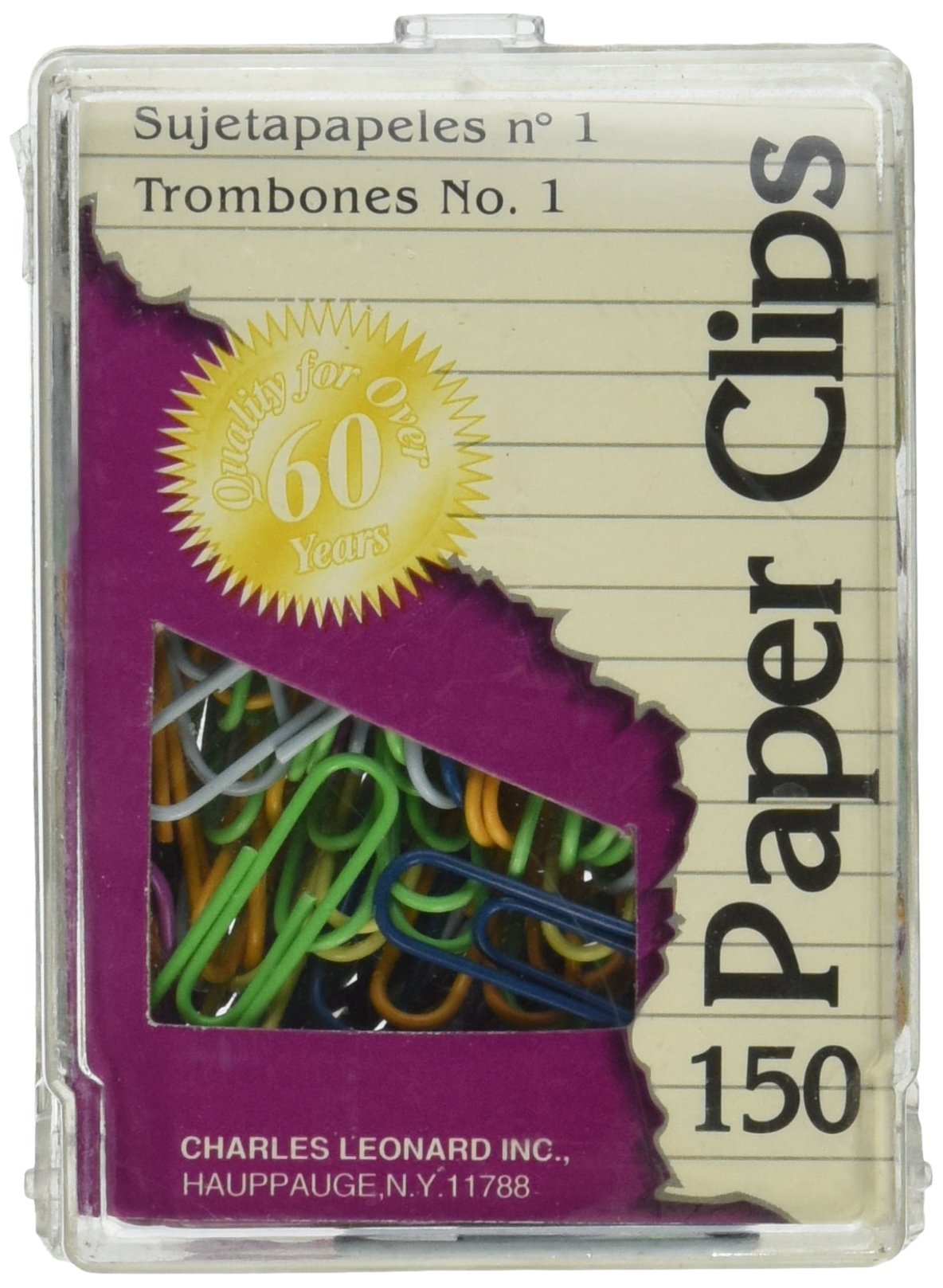 Charles Leonard Vinyl Coated #1 Paper Clips, 33mm, 150-Pack in Reusable Box (79033) - Perfect for Office, School & Home Organization