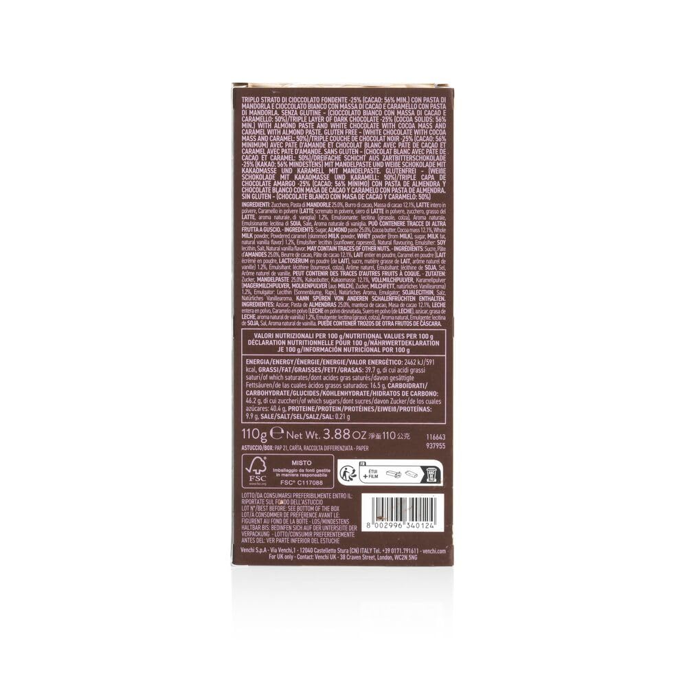 Venchi Gold Caramel Cremino Chocolate Bar 3.52 oz - Premium Dark Chocolate with Almond Paste, White Chocolate & Caramel Layers - Gluten Free Italian Gourmet Chocolate - Perfect for Gifts, Desserts & Coffee Pairing