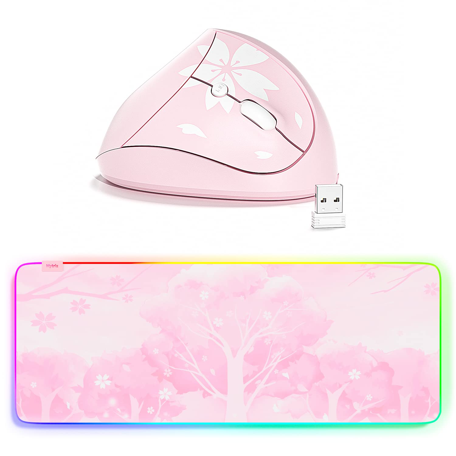 Pink RGB LED Gaming Mouse Pad with 14 Lighting Modes - Wireless Ergonomic Vertical Mouse for PC & Laptop - Perfect for Gaming, Office Work & Home Use