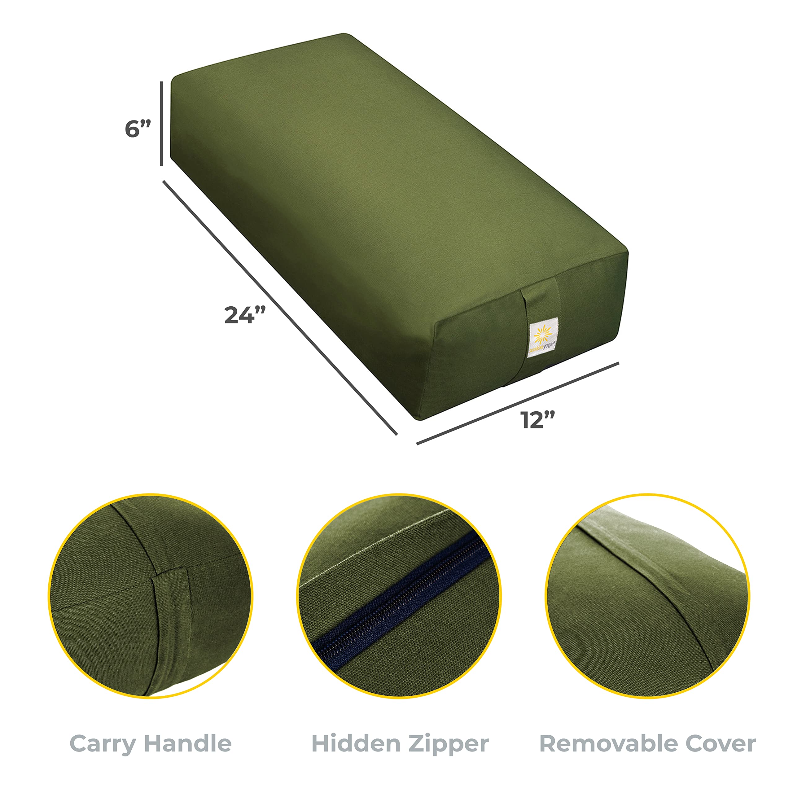 Premium Extra Firm Yoga Bolster Pillow 24x12x6 Inches - Cinched or Zippered Rectangular Yoga Cushion with Removable Cotton Cover for Yoga Studios, Home Practice, Meditation & Pregnancy Support (1/2/4 Pack Options)