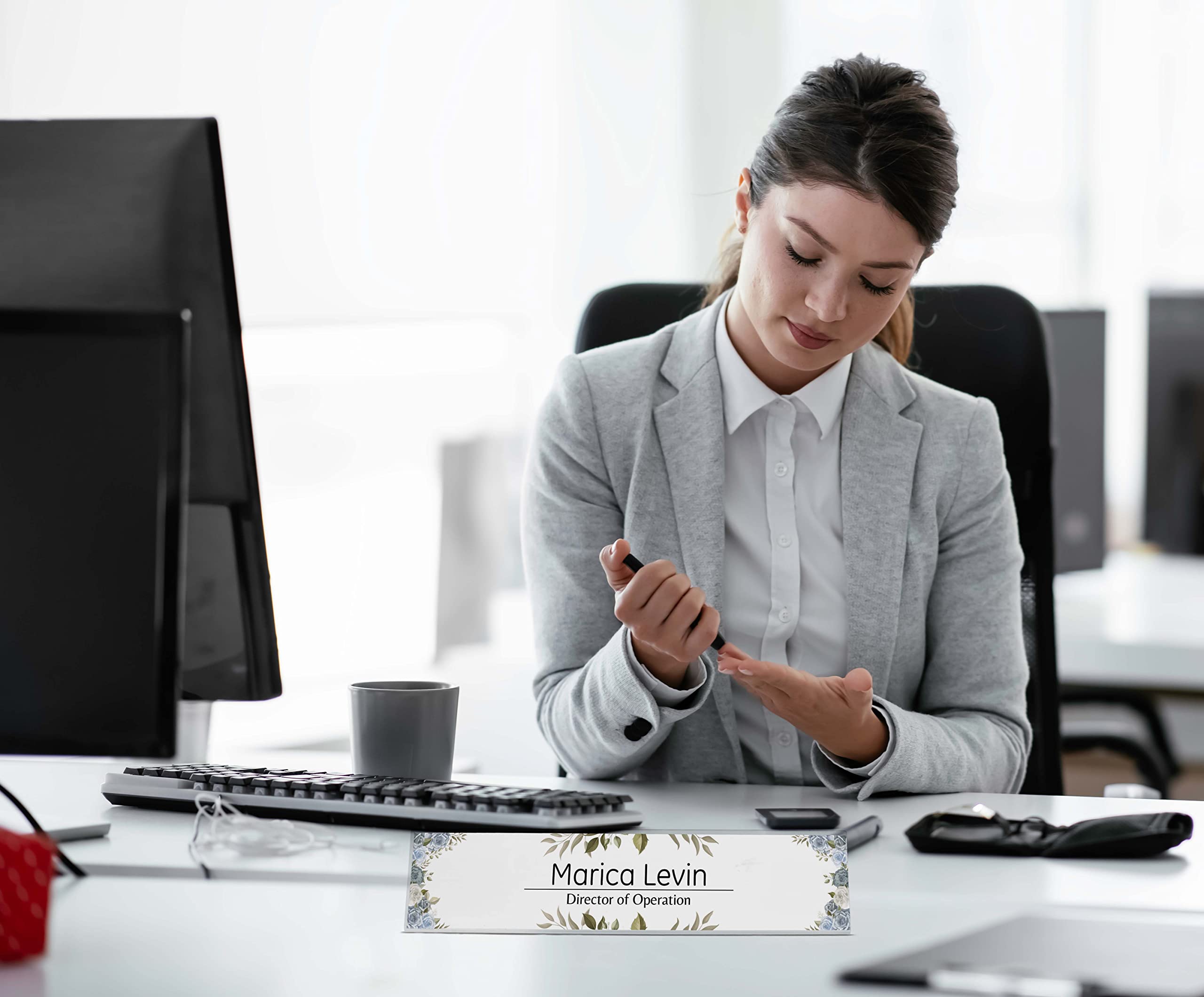 Custom Acrylic Desk Name Plate - Personalized Office Name Sign with Blue Roses & Leaves Design (2x8 Inches) | Perfect for Corporate Gifts, Reception Desks & Home Office Decor