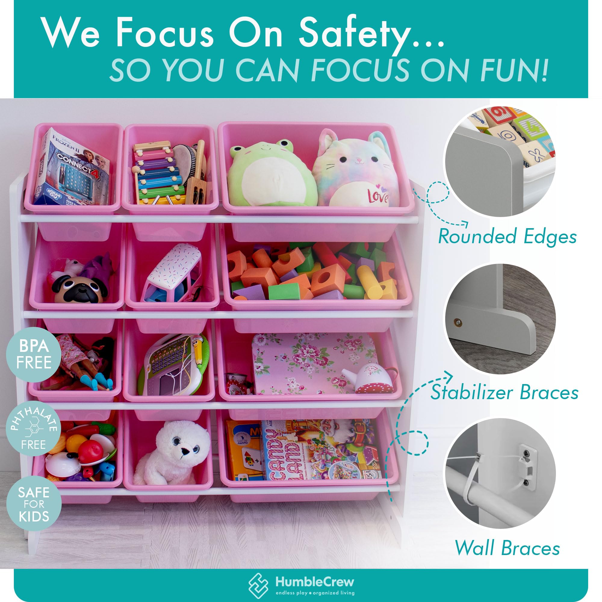 Humble Crew 12-Bin Toy Storage Organizer in White & Pink - Perfect for Kids' Room, Playroom, and Classroom Organization