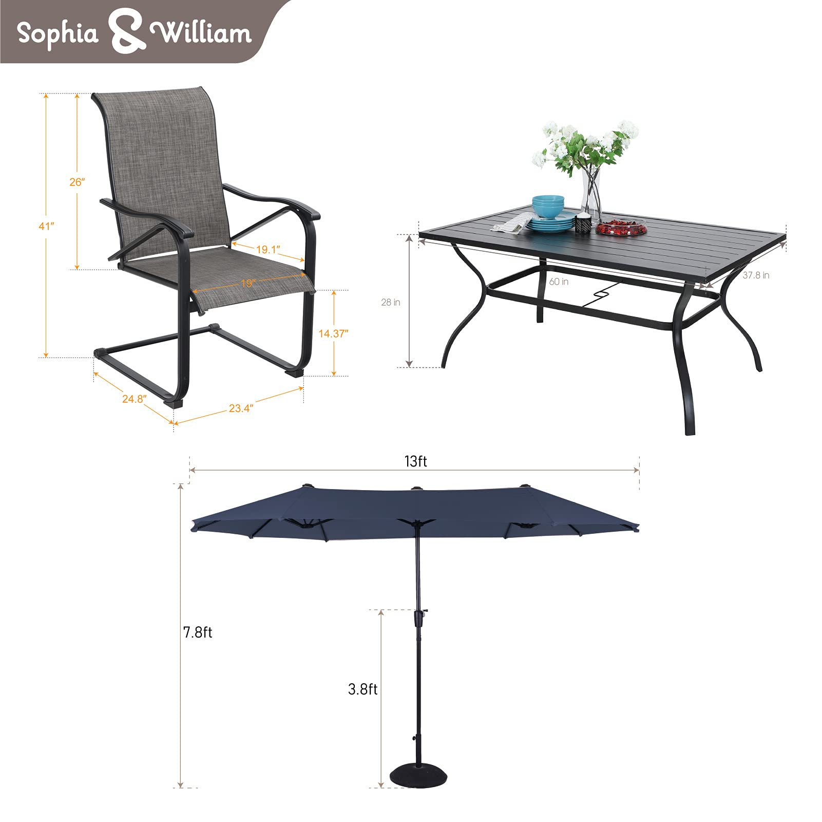 Sophia & William 8-Piece Outdoor Patio Dining Set with 13ft Double-Sided Umbrella - Navy Metal Garden Furniture (6 Spring Motion Chairs + 1 Table) for Backyard, Poolside & Outdoor Entertaining
