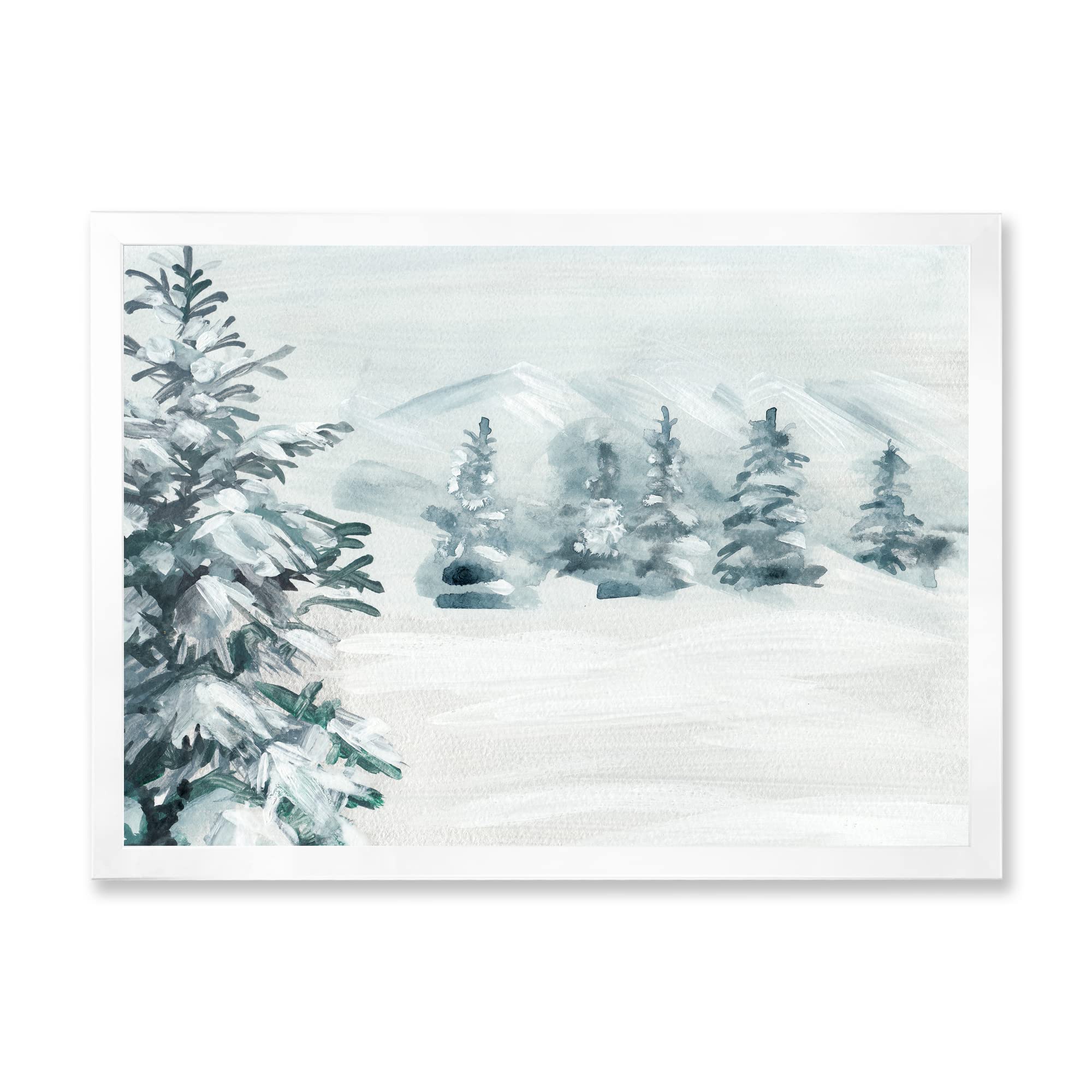 DesignQ Snowy Pine Trees Traditional Framed Wall Art - Winter Landscape Canvas Painting for Living Room, Bedroom & Office Decor
