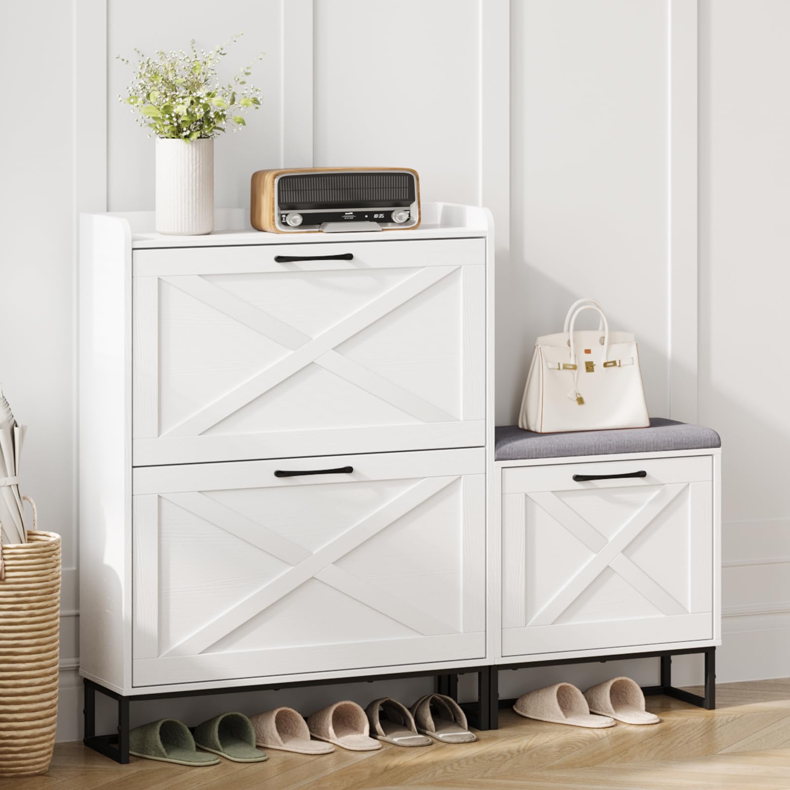 Maupvit 3-Tier Flip Shoe Storage Cabinet with Bench - Holds 20 Pairs of Shoes, Space-Saving Entryway Organizer for Hallway, Living Room & Small Spaces - White (Perfect for Apartments, Dorm Rooms & Closets)