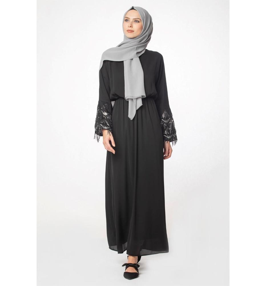 Elegant Abaci Modest Sequined Cocktail Dress 12956 in Black | Perfect for Evening Parties, Weddings & Special Occasions