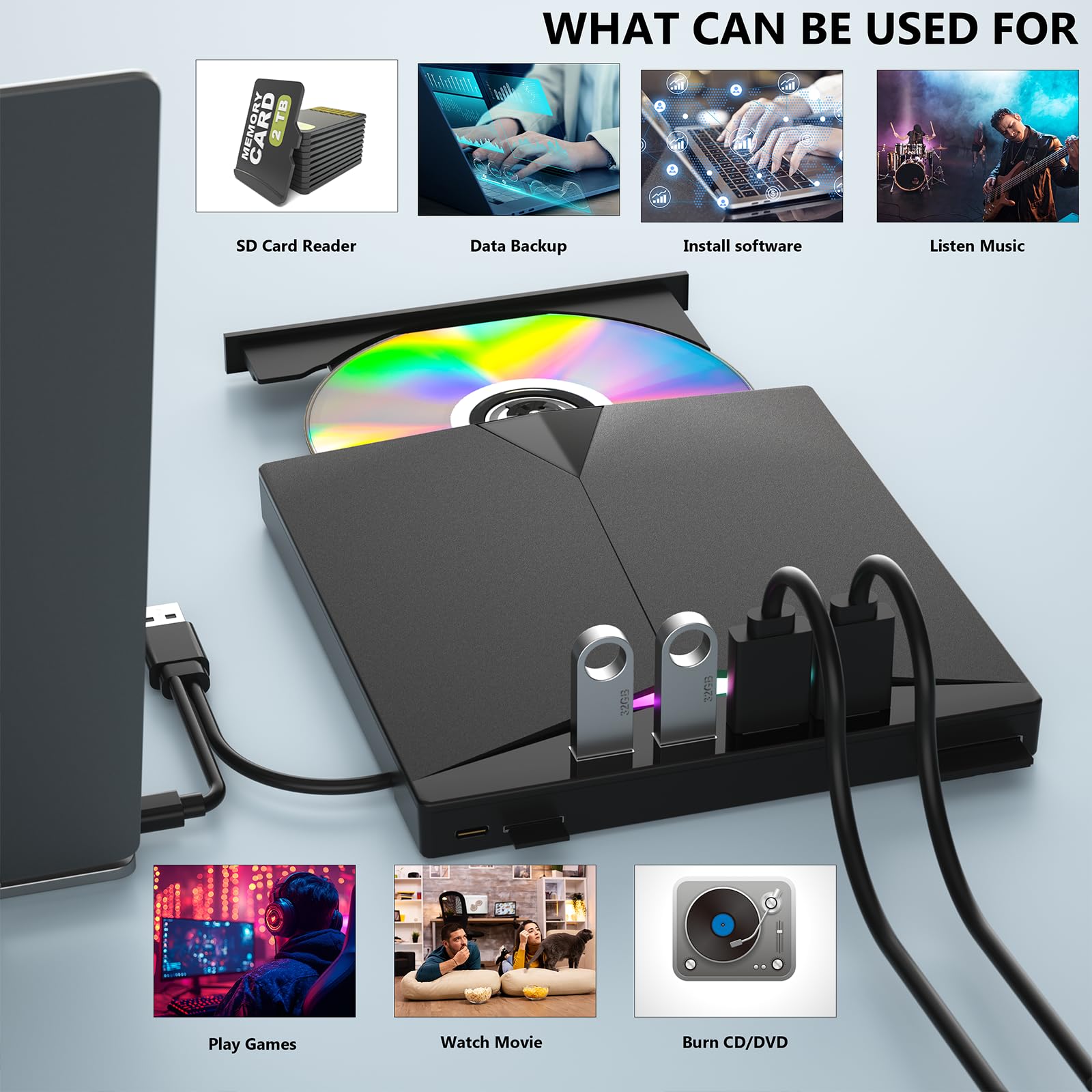 USB 3.0 External CD/DVD Drive Burner - 7-in-1 Portable DVD/CD +/-RW Writer with 2 USB Ports & SD/TF Card Reader - Compatible with Laptop, Mac, Windows 11/10/8/7, Linux - Perfect for Home Office, Travel, and Media Backup