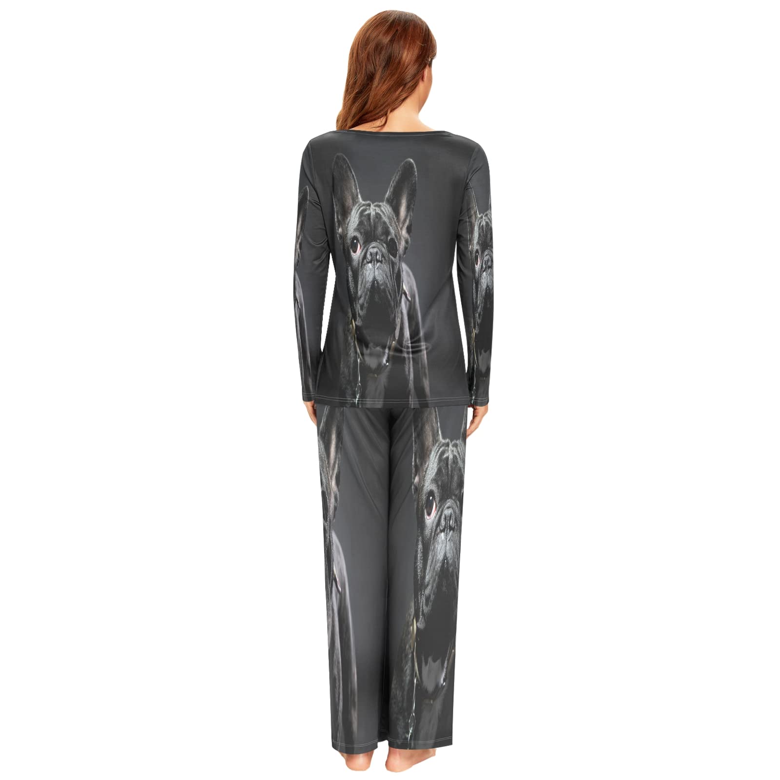 French Bulldog Print Black Pajama Set for Women - 2-Piece Long Sleeve Sleepwear & Lounge Outfit | Cozy Nightwear for Relaxing at Home or Sleepovers