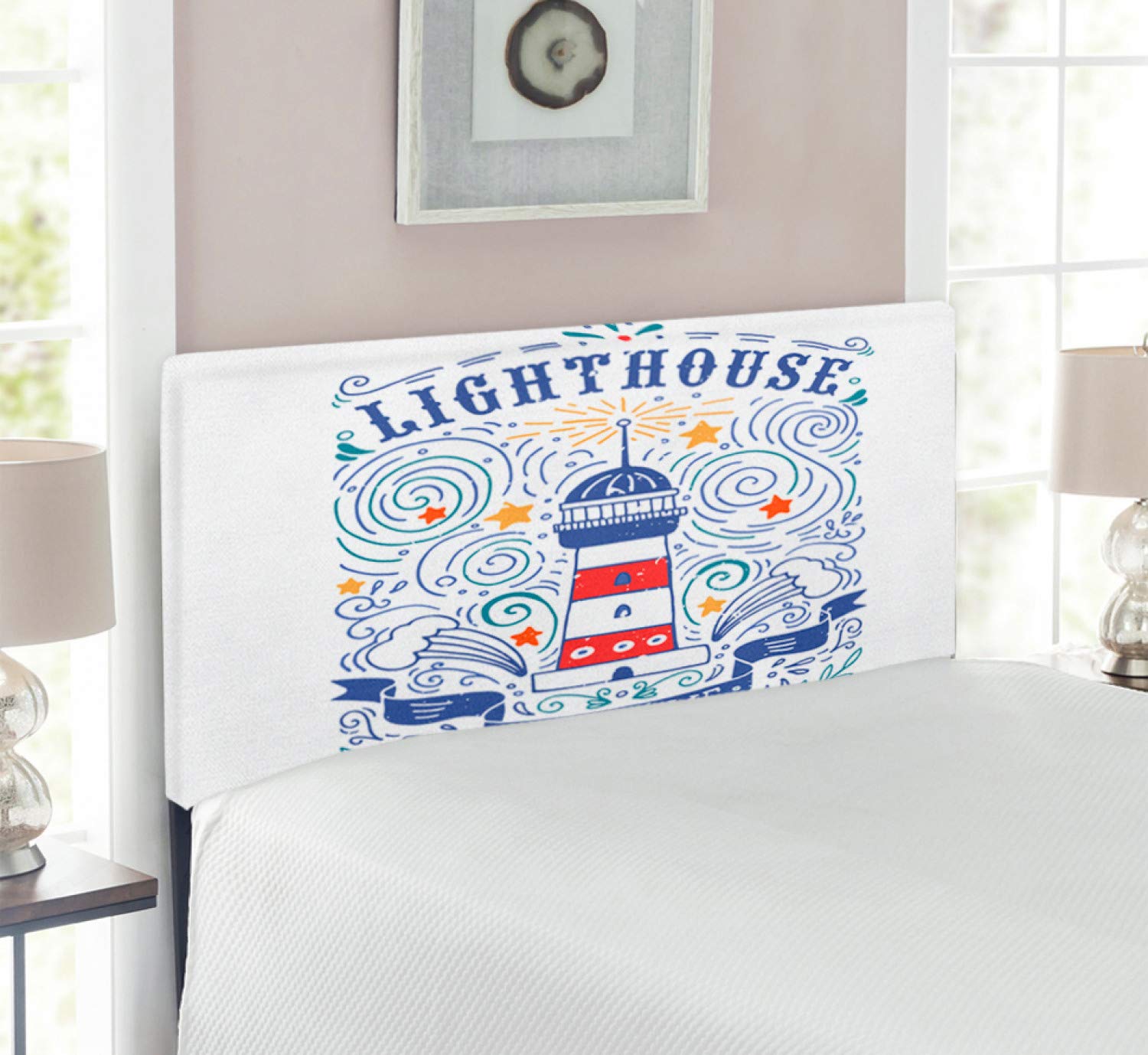 Ambesonne Vintage Lighthouse Headboard - Hand-Drawn Print with Stars, Waves & Branches Design, Upholstered Metal Bed Headboard with Memory Foam, Twin Size, Multicolor - Perfect for Coastal, Nautical or Beach-Themed Bedrooms