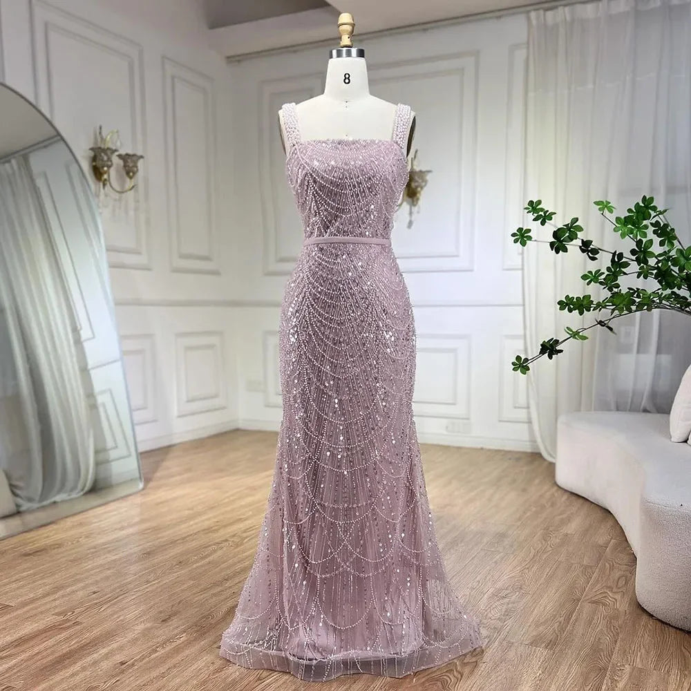 Serene Hill Turquoise Mermaid Beaded Pearls Spaghetti Strap Floor Length Evening Gown - Women's Formal Party Dress for Prom, Wedding, Gala & Special Occasions 2025 LA72032C