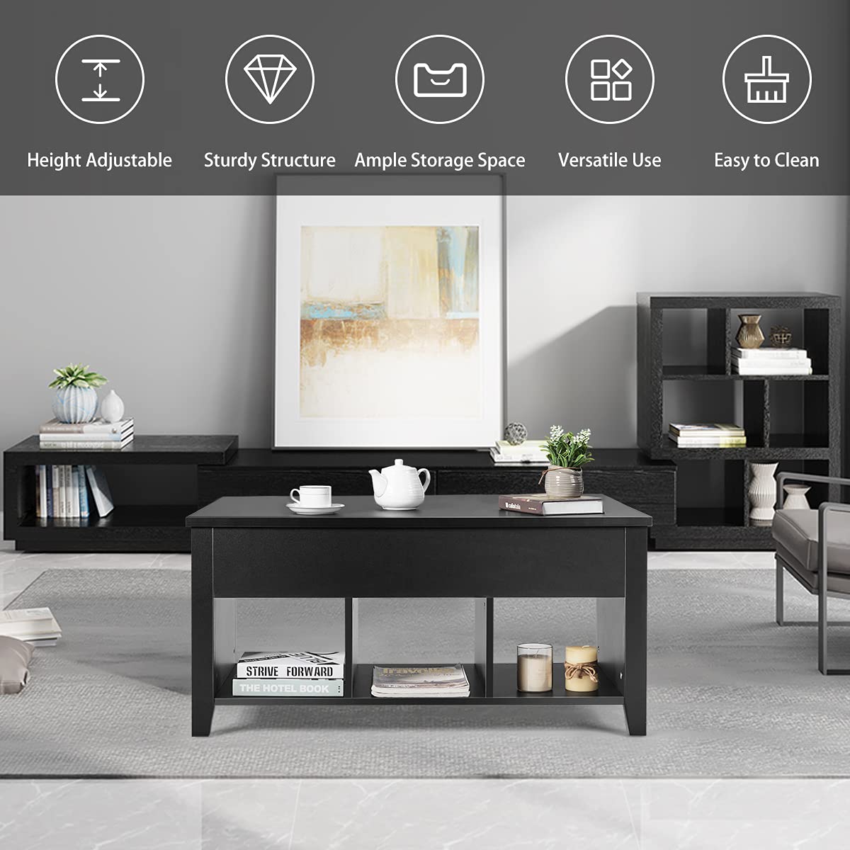 Lift Top Coffee Table with Hidden Storage - Modern Minimalist Wooden Coffee Table with 3 Open Cube Shelves for Living Room & Office - Perfect for Small Spaces, Home Decor & Organization (Black)