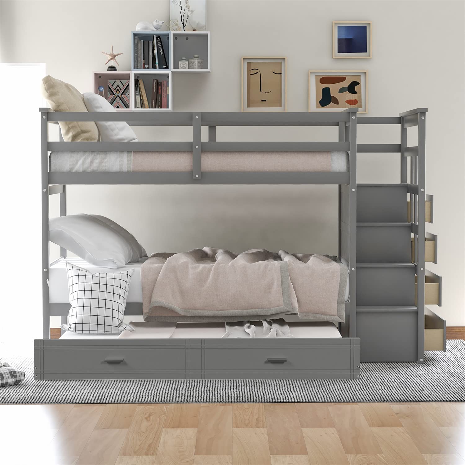 Twin Over Twin Bunk Beds with Trundle & Stairs - Wooden Storage Bunk Bed Frame with 4 Drawers for Kids, Teens, Boys & Girls - Space-Saving Solution for Small Bedrooms & Shared Kids' Rooms (Gray)