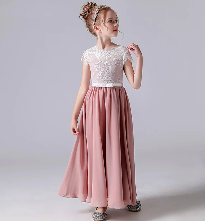 Lace Chiffon Junior Bridesmaid Dress with Short Sleeves - Girls Party Gown for Weddings, Prom, Formal Events & Special Occasions