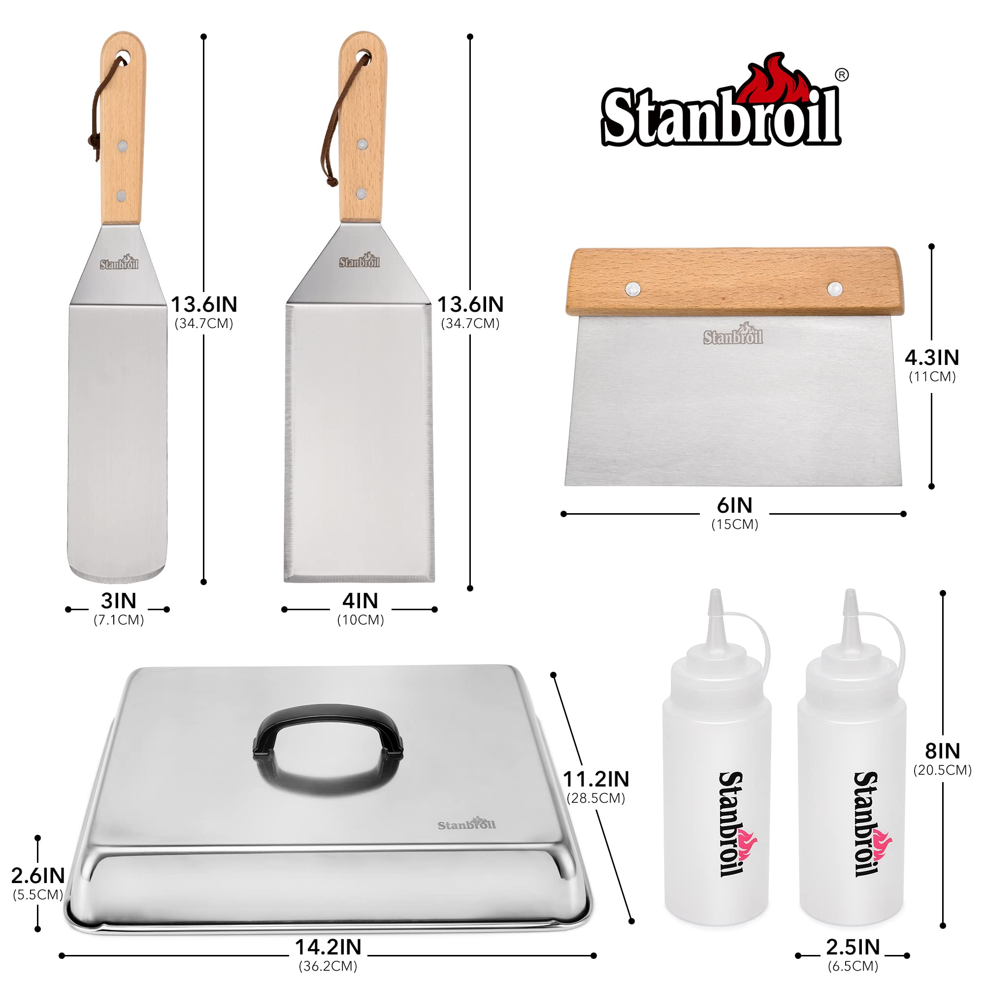 Stanbroil 6-Piece BBQ Griddle Accessories Set - Heavy Duty Stainless Steel Grill Scraper, Spatula, Basting Cover & Oil Bottles for Blackstone, Camp Chef & Outdoor Griddles - Perfect for Backyard Grilling, Camping & Tailgating