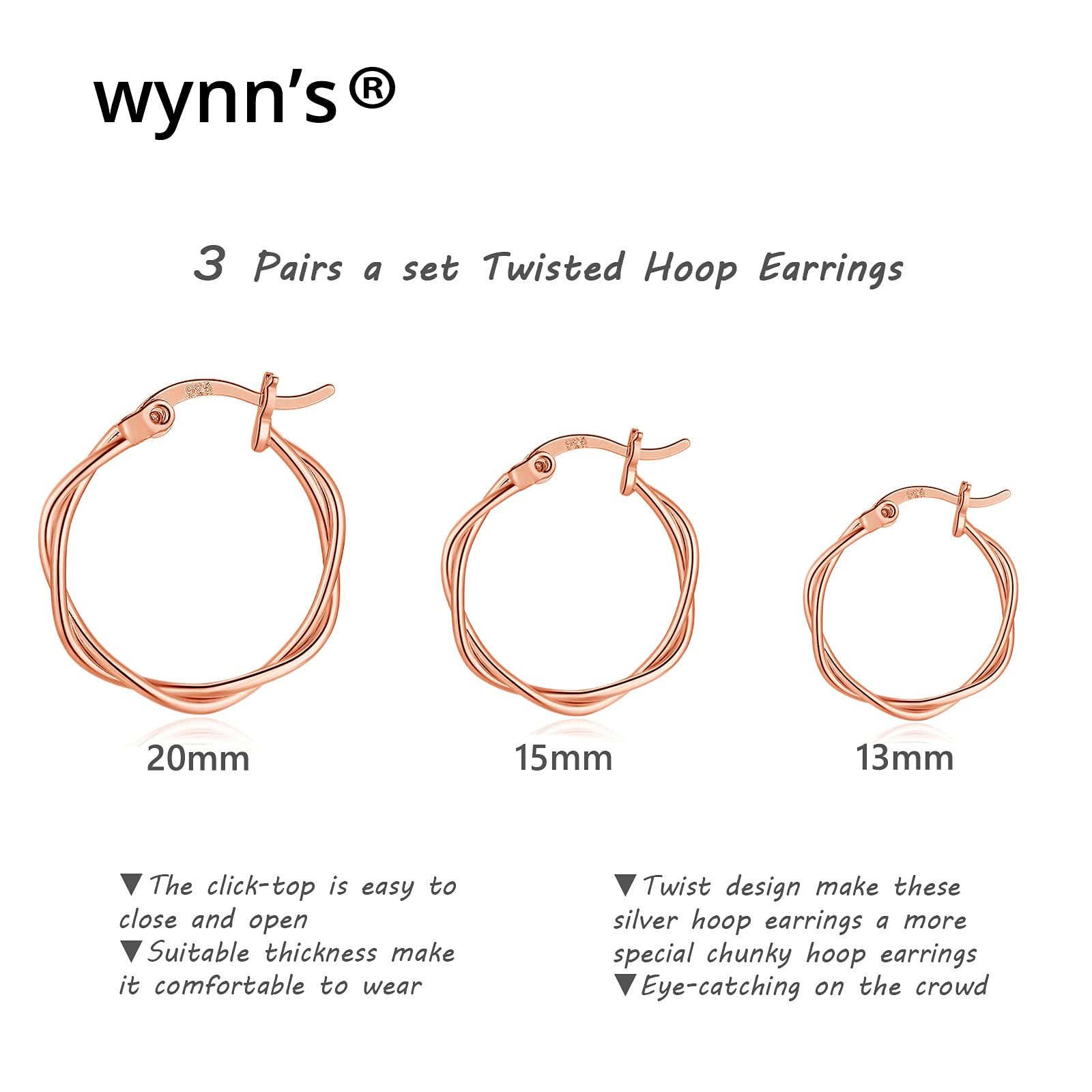 Wynn's 925 Sterling Silver Hoop Earrings for Women - Small Sleeper Hoops Set in Silver, Gold & Rose Gold | Hypoallergenic Twist Design | Perfect for Everyday Wear, Gifts & Special Occasions